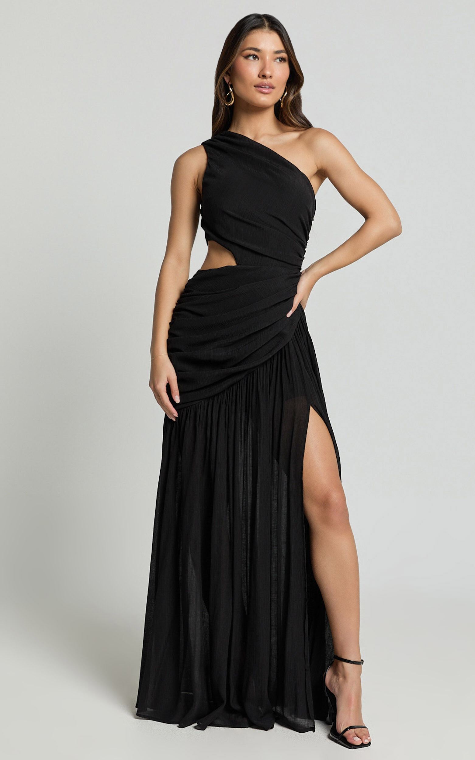 Darcy Maxi Dress - One Shoulder Side Cut Out Gathered Dress in Black