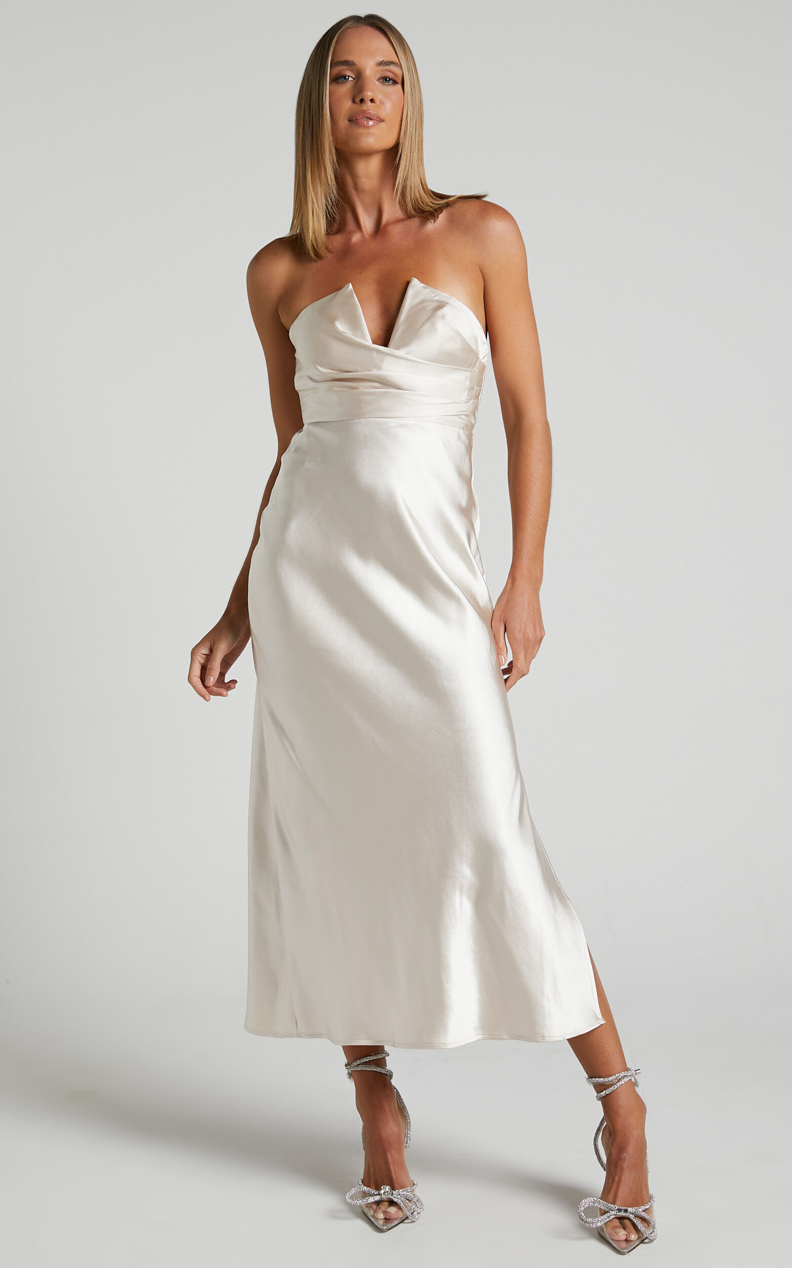 Jaslynn Midi Dress - Strapless V Neck Satin Dress in Champagne