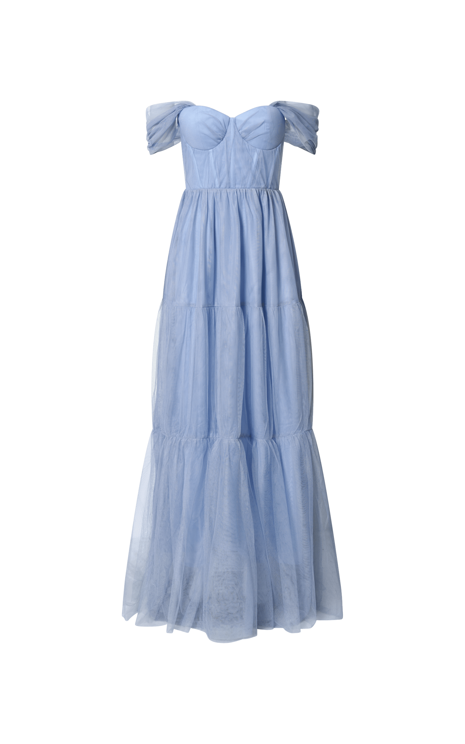 Ontario Maxi Dress - Off Shoulder Corset Bodice Tulle Dress in Light Blue