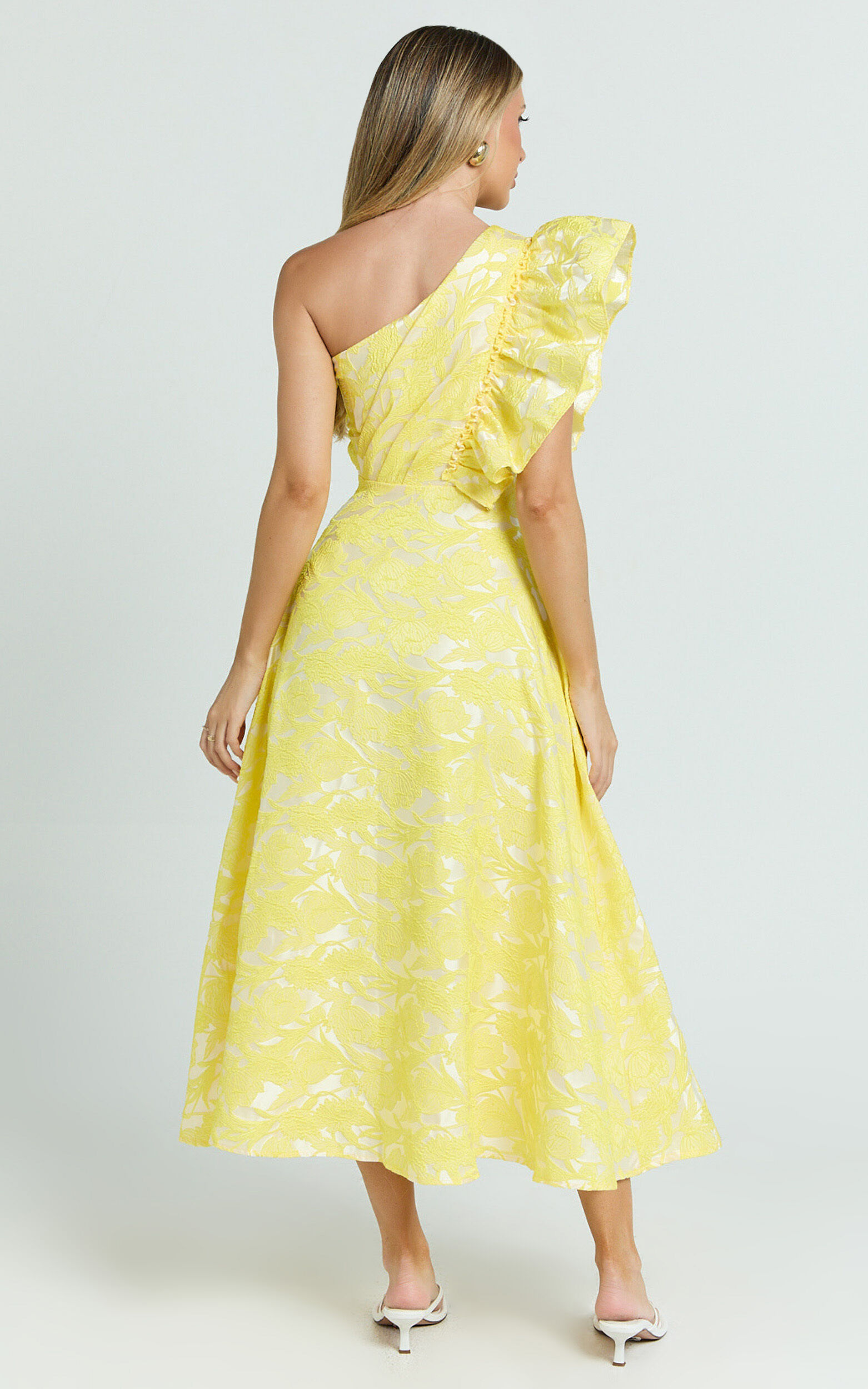 Alfreda Midi Dress - One Shoulder Ruffle Detail Brailey Jacquard Dress in Yellow Jacquard