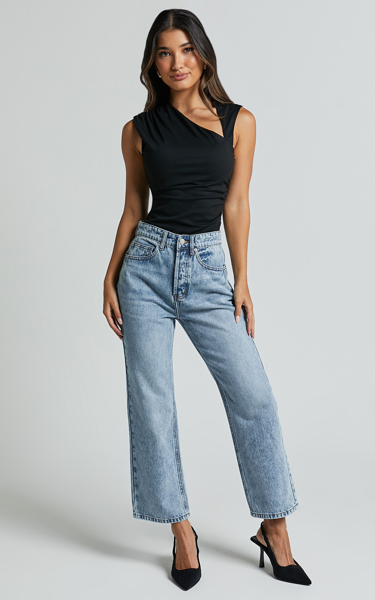 Wilkins Jeans - High Waisted Straight Leg Cropped Hem Jeans in Mid Blue Wash