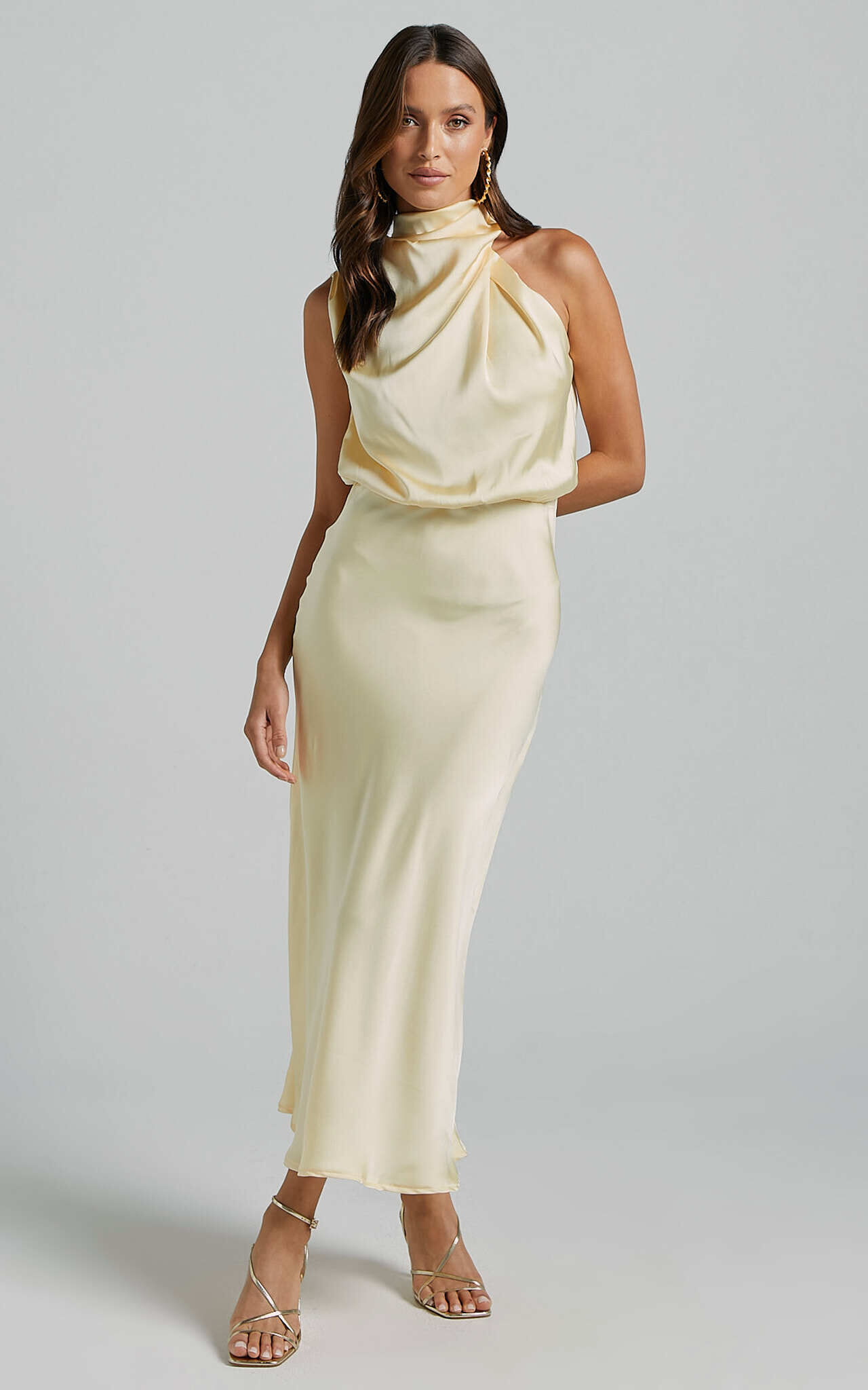 Minnie Midi Dress - Drape Neck Satin Slip Dress in Butter Yellow