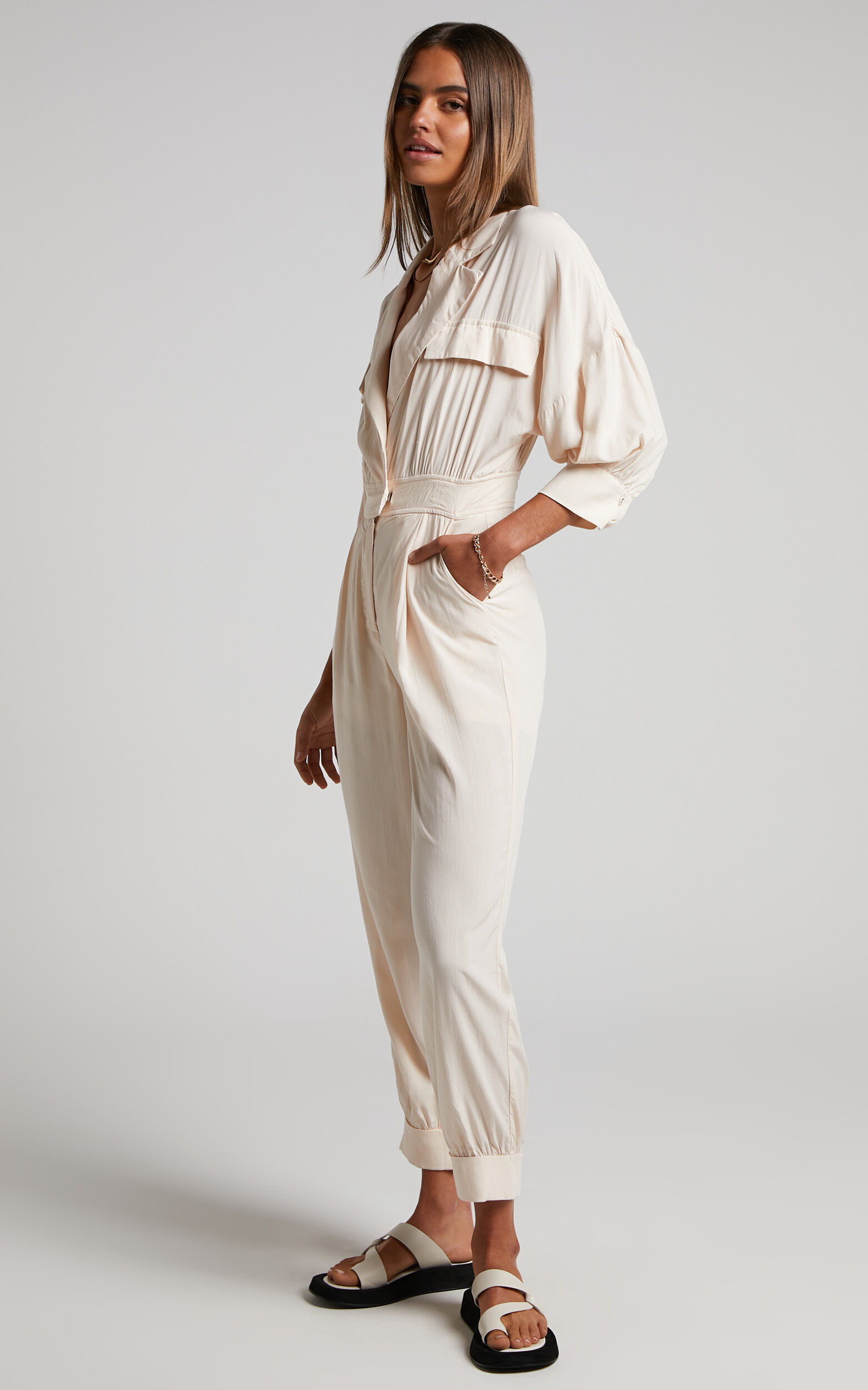 Ayelin Jumpsuit - Linen Relaxed 3/4 Sleeve Jumpsuit in Cream