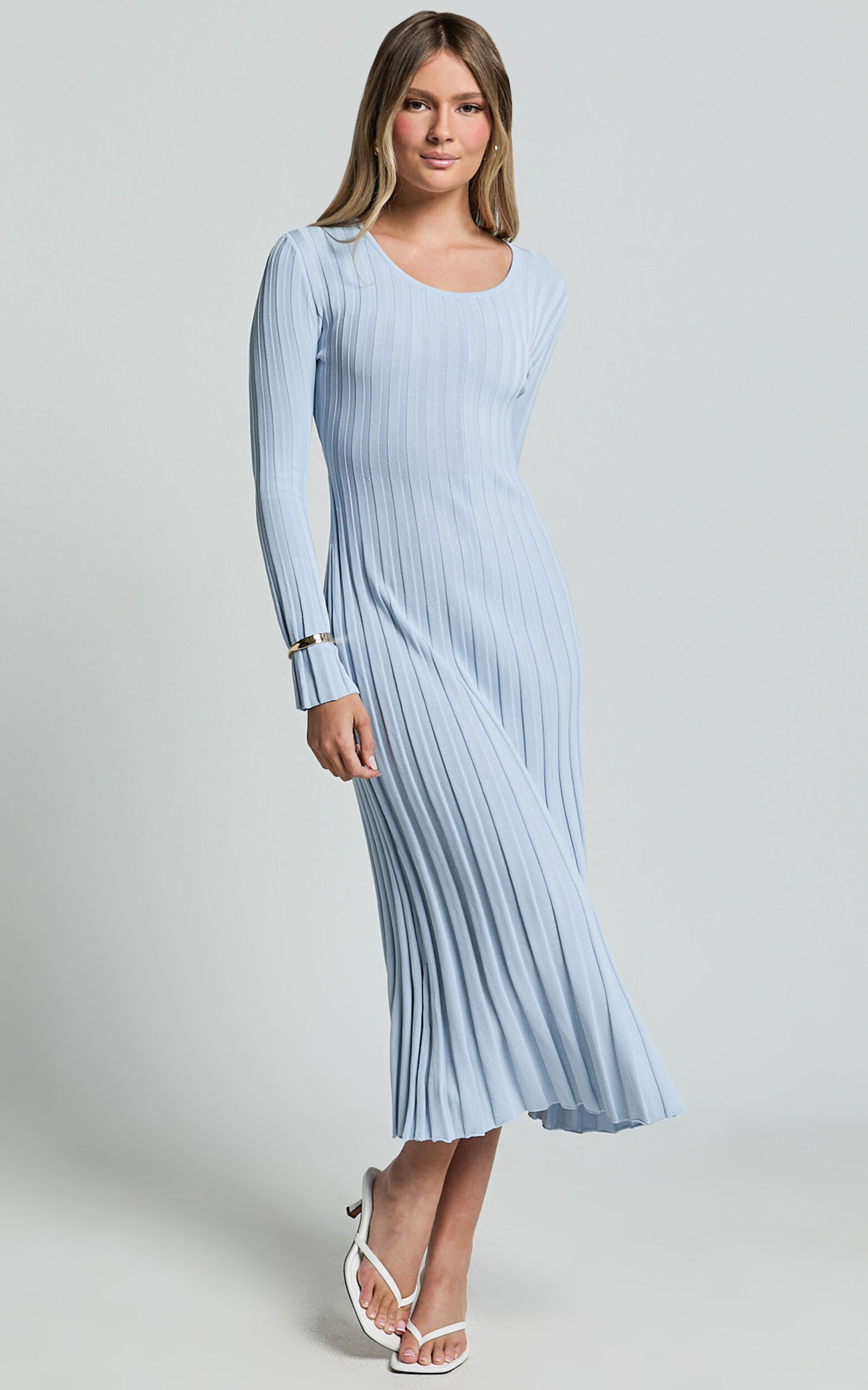 Blaire Midi Dress - Long Sleeve Tie Back Flare Dress in Blue