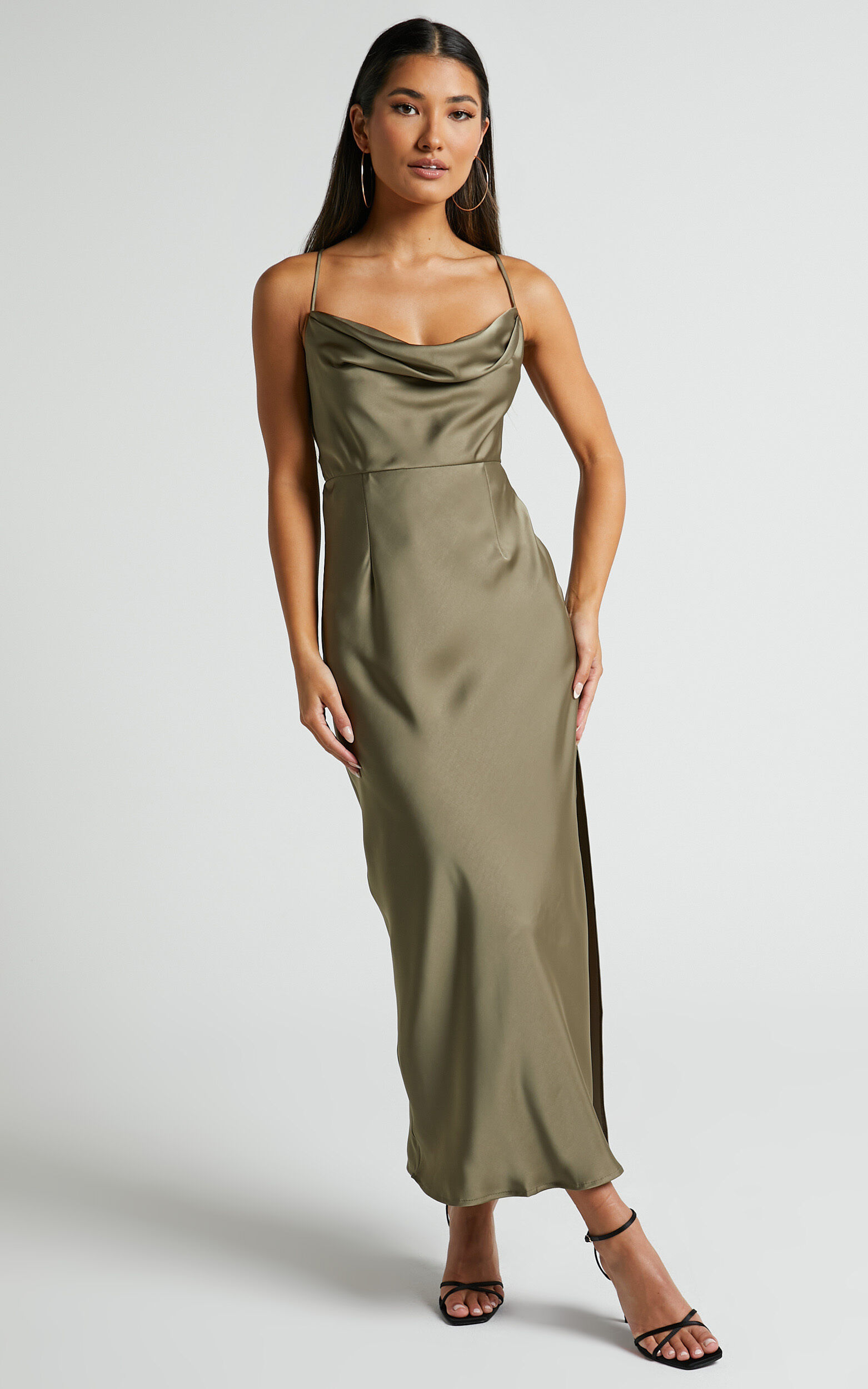Nylah Cowl Neck Double Strap Satin Slip Midi Dress in Dark Olive