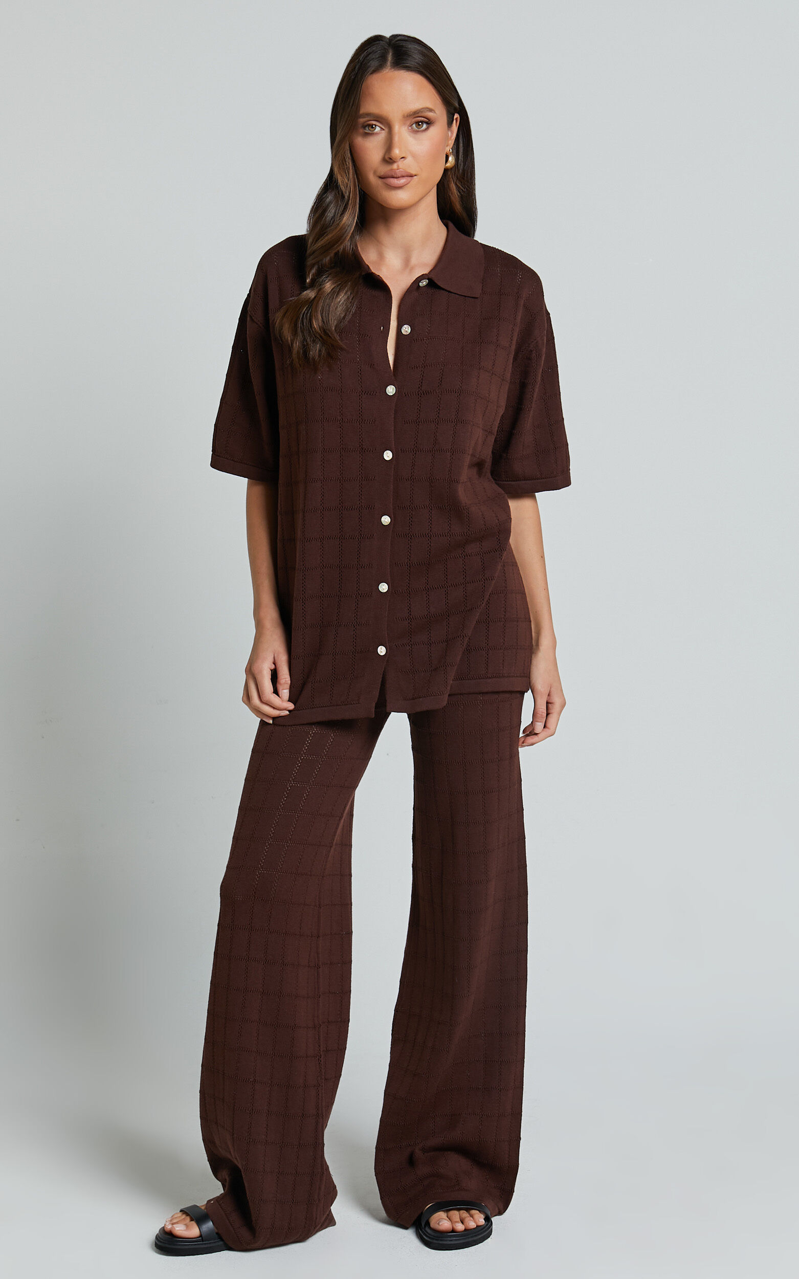 Tommy Two Piece Set - Knit Button Through Top and Pants Two Piece Set in Chocolate