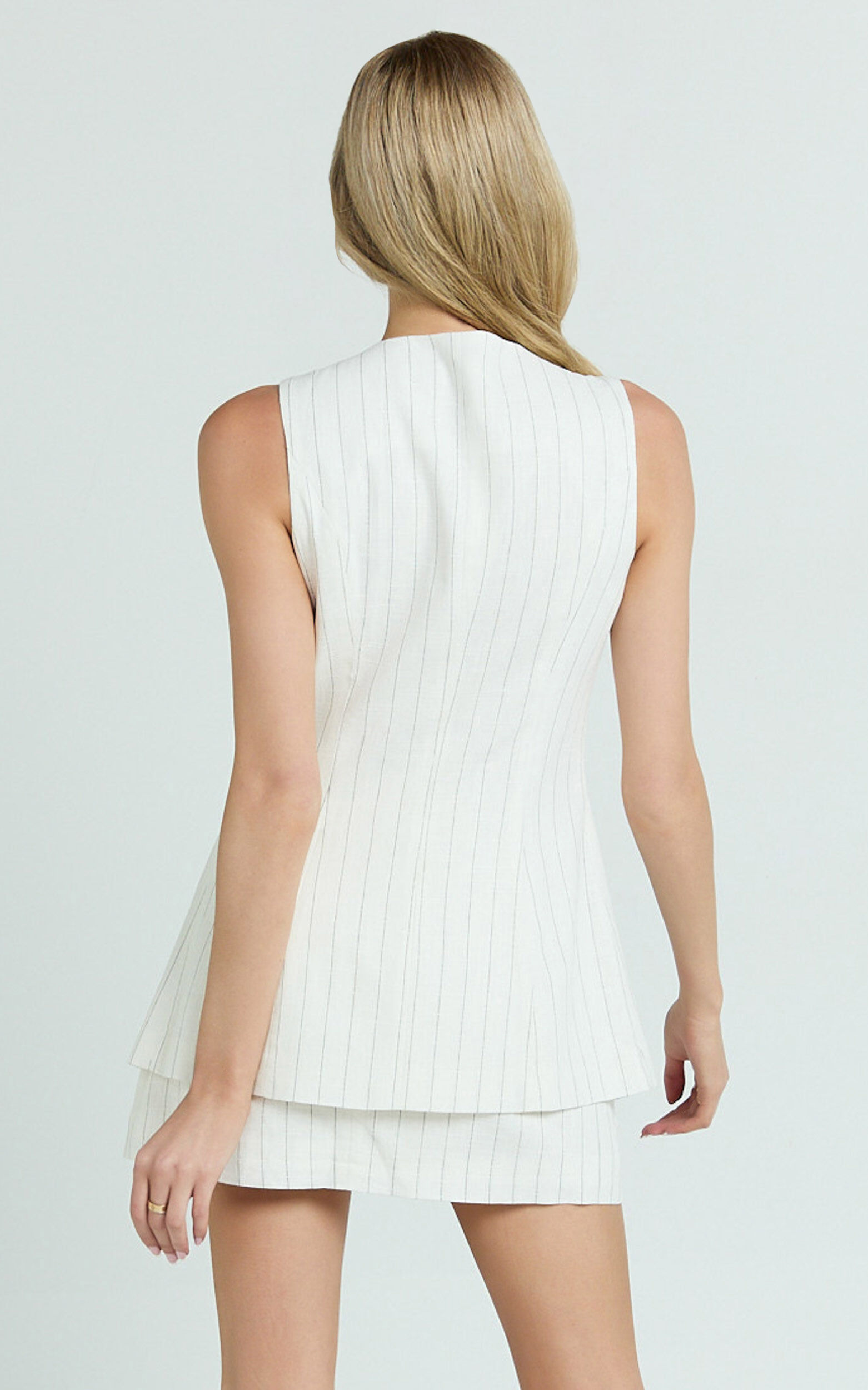 Calvin Two Piece Set - Tailored Scoop Neck Vest Top and A Line Mini Skirt Set in White Pinstripe