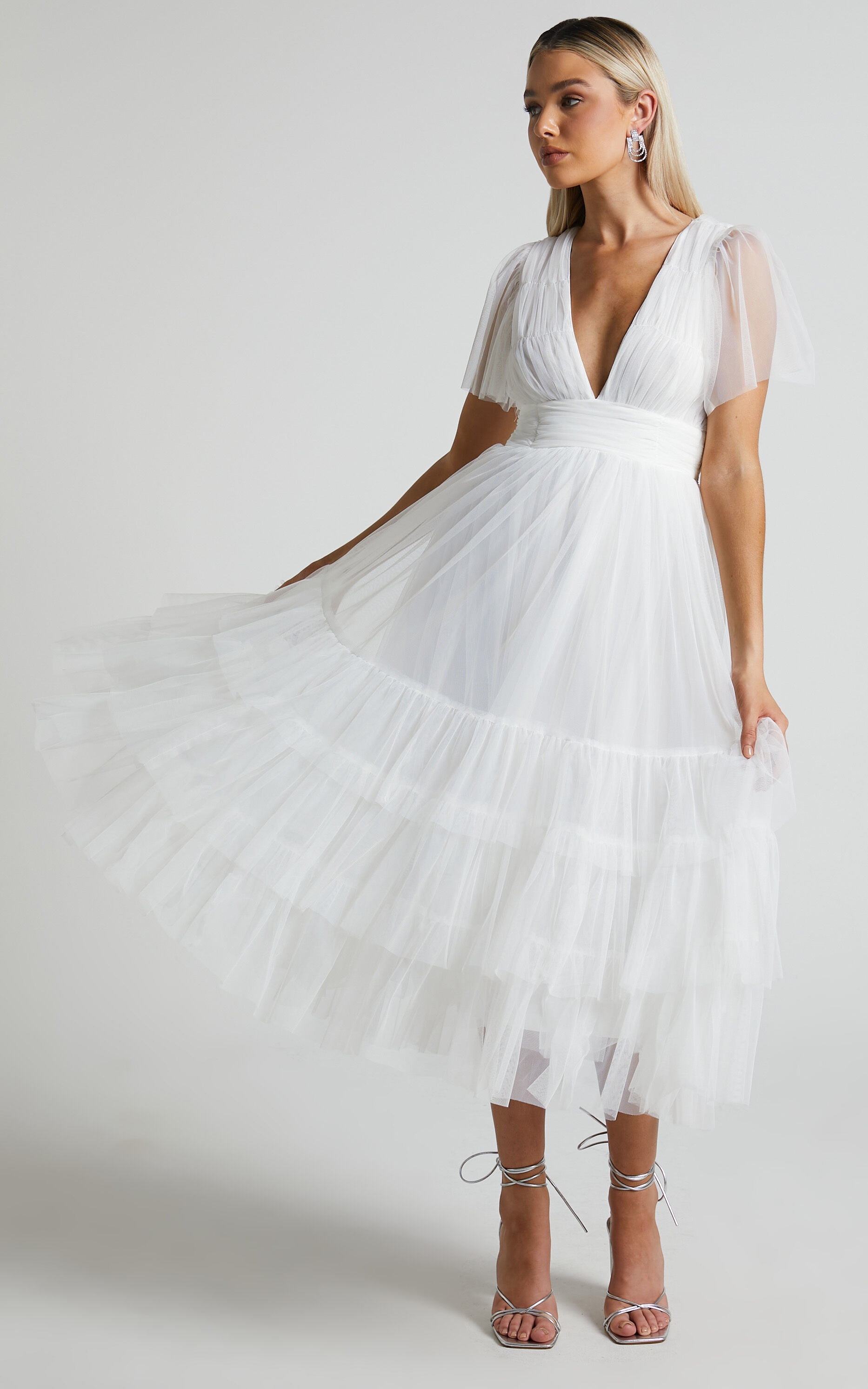 Jiraye Midi Dress - Flutter Sleeve Tuelle Plunge Dress in White