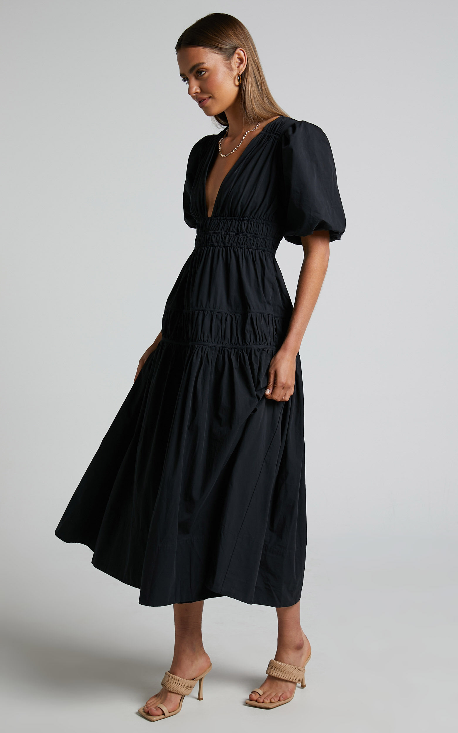 Mellie Midi Dress - Puff Sleeve Plunge Tiered Dress in Black