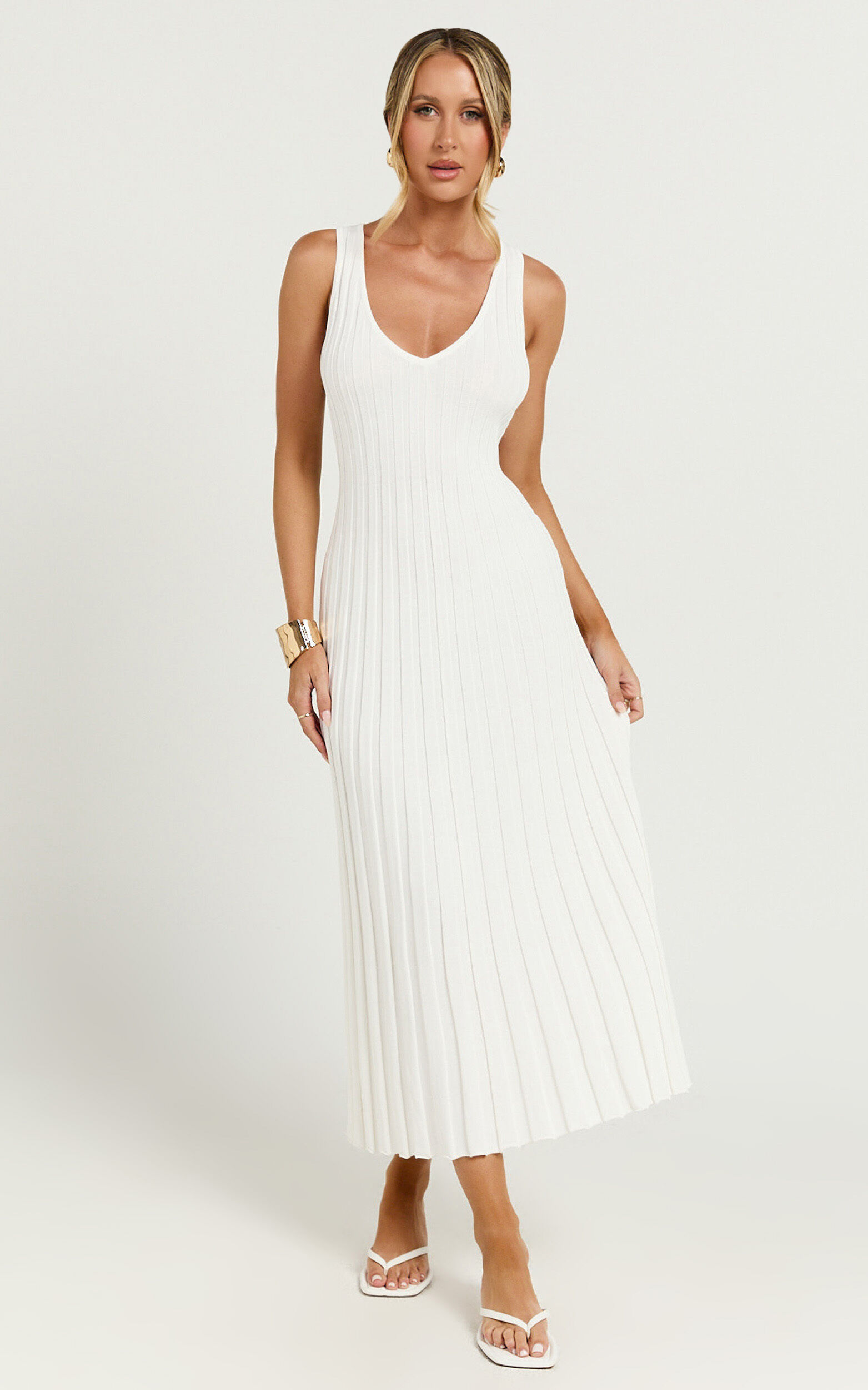 Maya Midi Knit Dress - Sleeveless V Neck Knited Dress in White