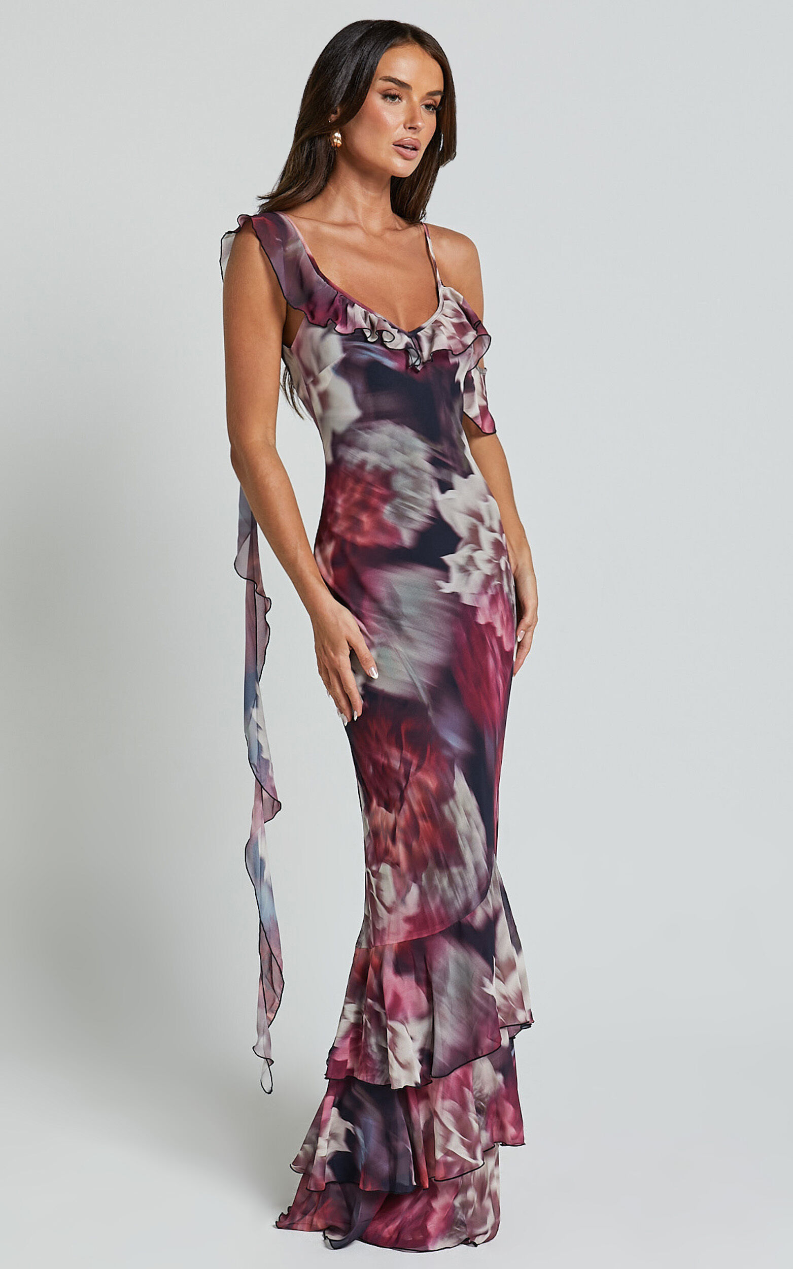 Riley Maxi Dress - Asymmetric Ruffle Detail Maxi Dress in Mariache Rose