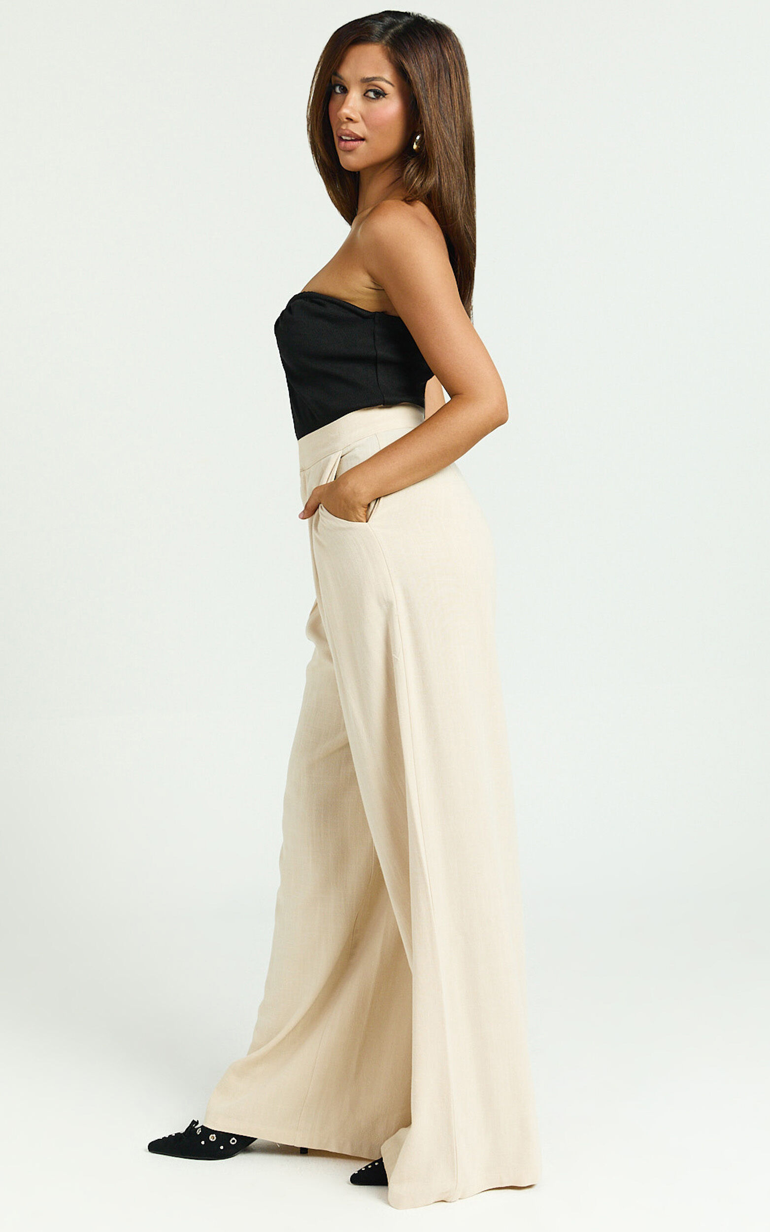 Hermione Linen Pants - High Waist Wide Leg Pleated Palazzo Pants in Natural