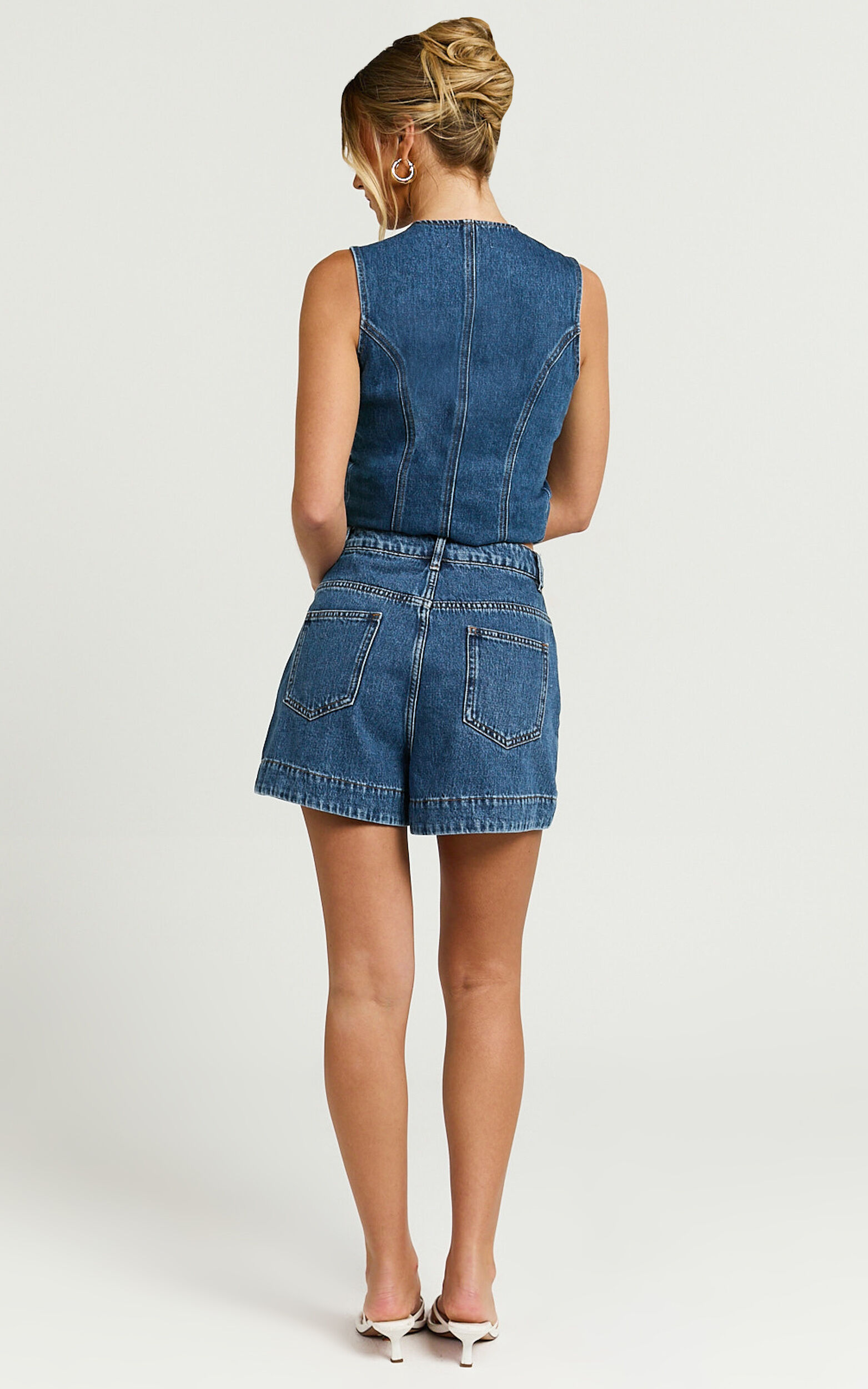 Rhianna Shorts - Mid Waist Recycled Denim Shorts in Dark Blue Wash
