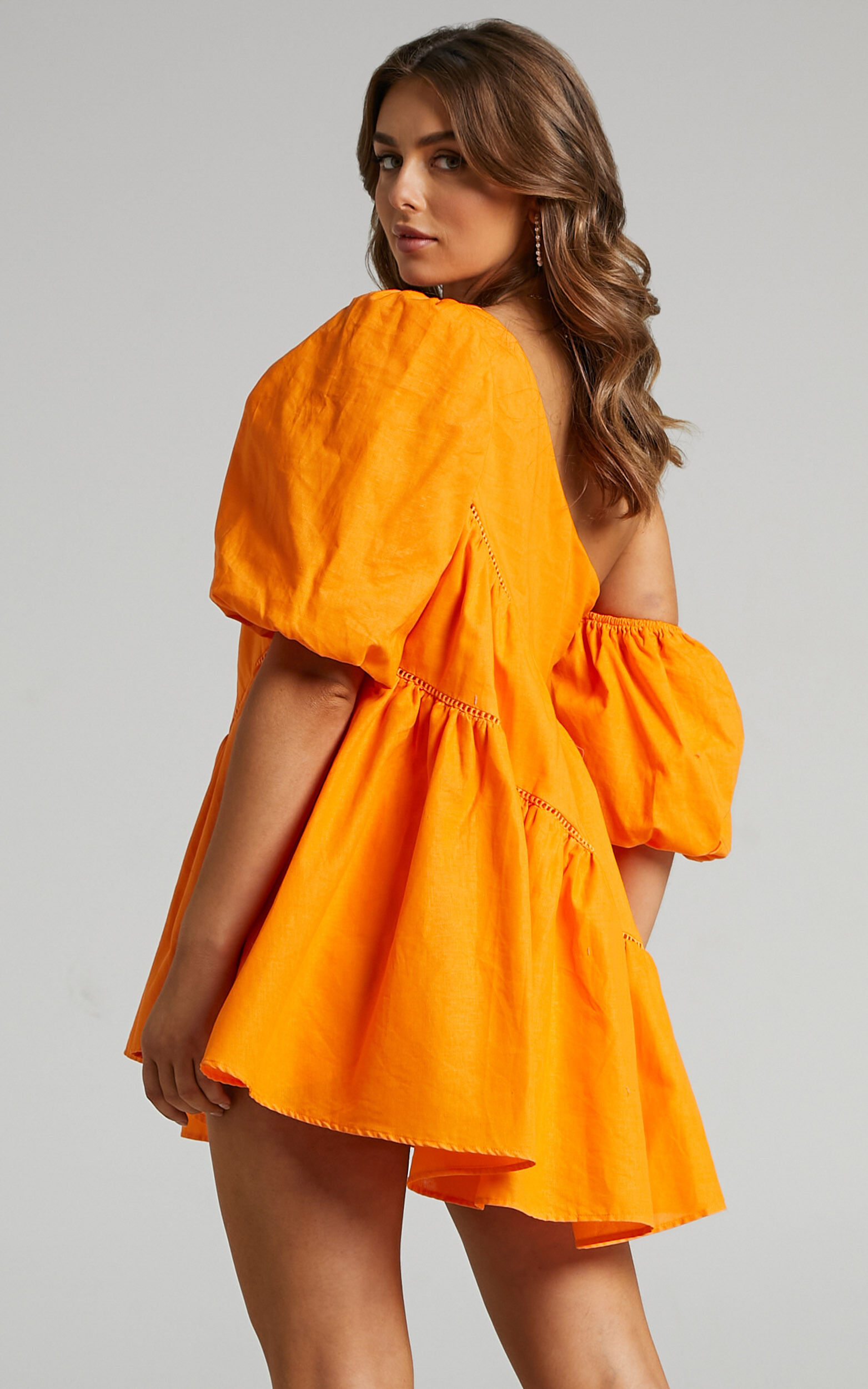 Harleen Mini Dress - Linen Asymmetrical Trim Puff Sleeve Dress in Orange