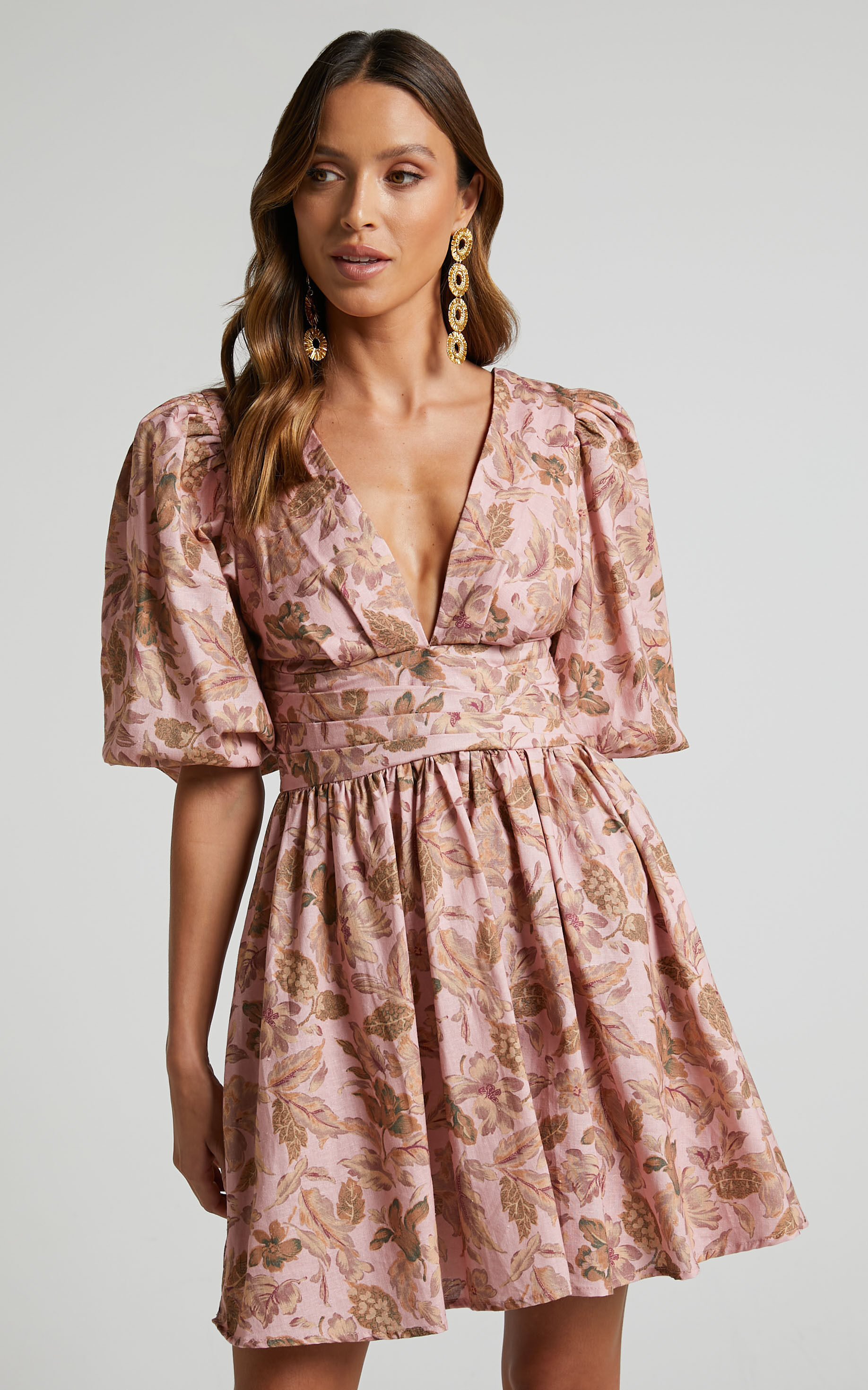 Amalie The Label - Rivinna Linen Blend Pleat Waist Puff Sleeve Mini Dress in Vahala Print