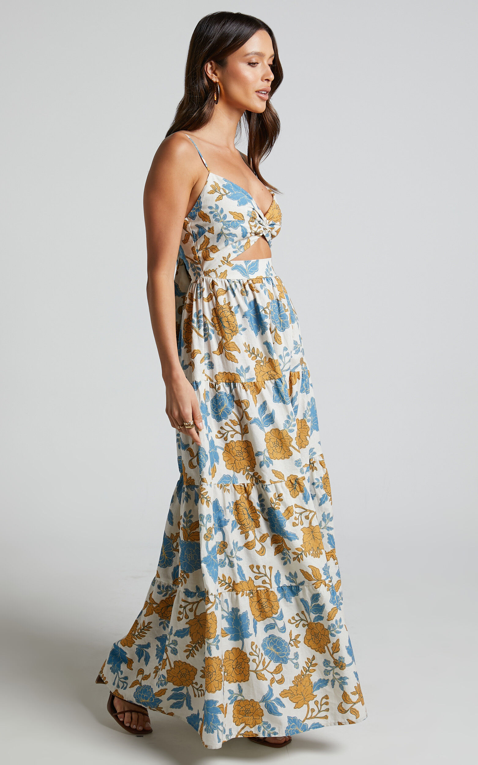 Amalie The Label - Emerita Linen Blend Sweetheart Twist Front Tie Back Midi Dress in Valencia Floral