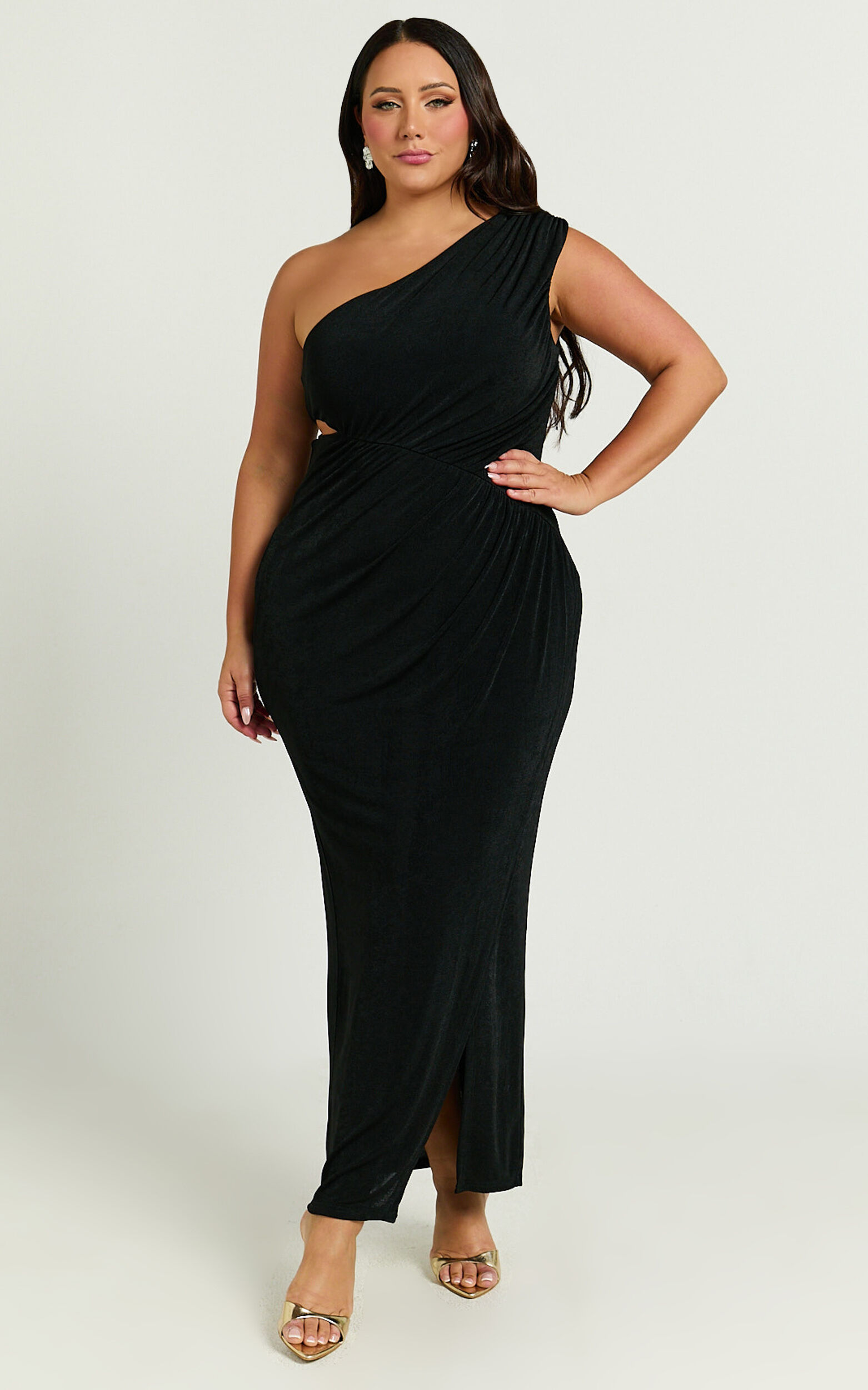 Cristle Midi Dress - One Shoulder Side Cut Out Thigh Split Dress in Black