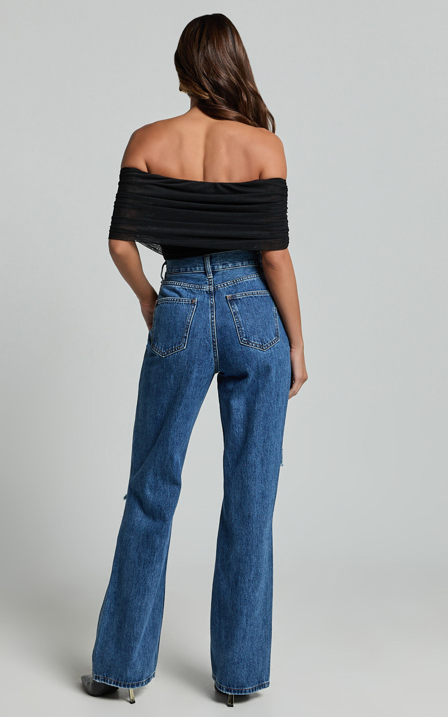 Miho Jeans - High Waisted Recycled Cotton Distressed Straight Leg Denim Jeans in Dark Blue Wash