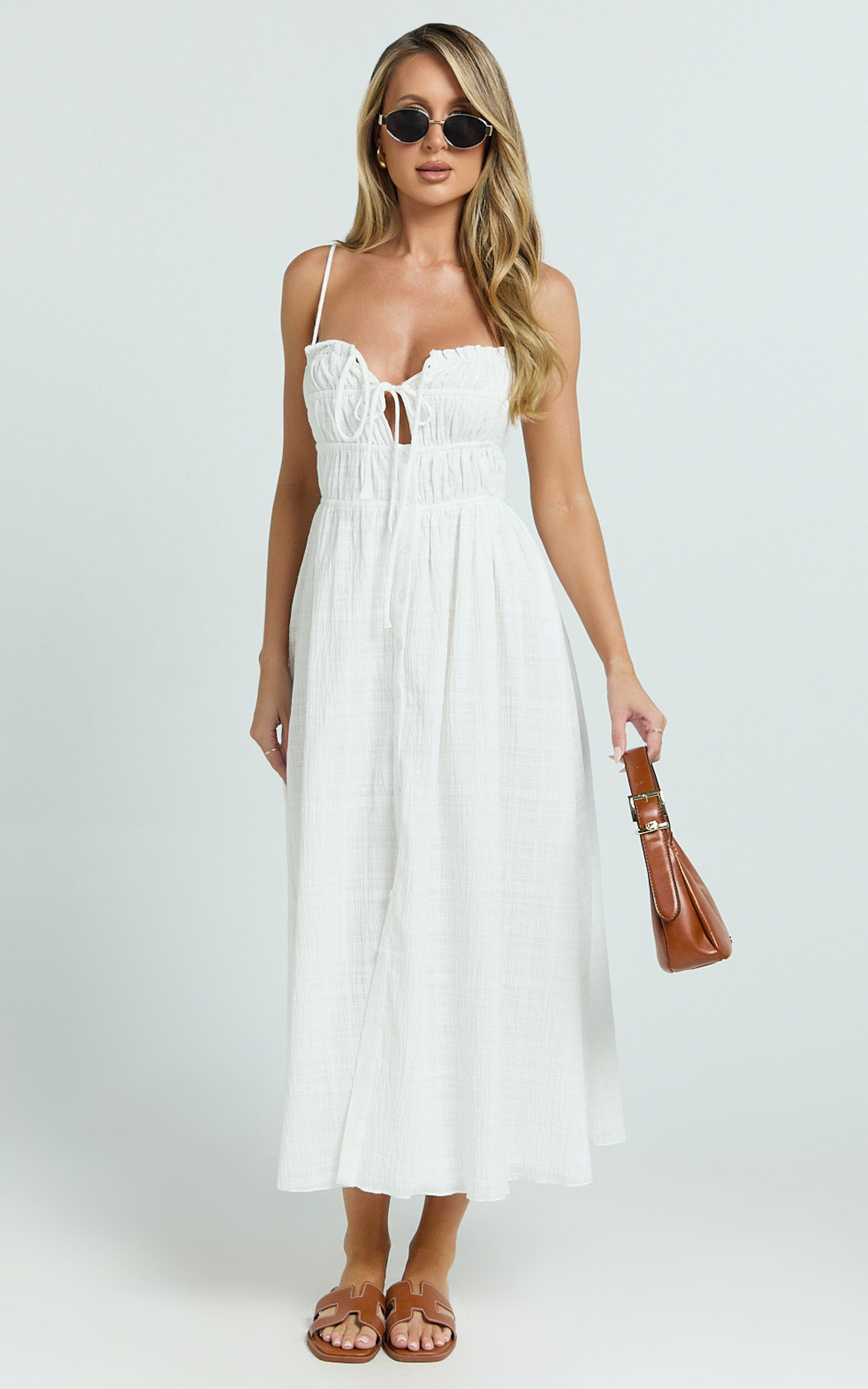 Lucienne Midi Dress - Ruched Button Up Front Dress in White