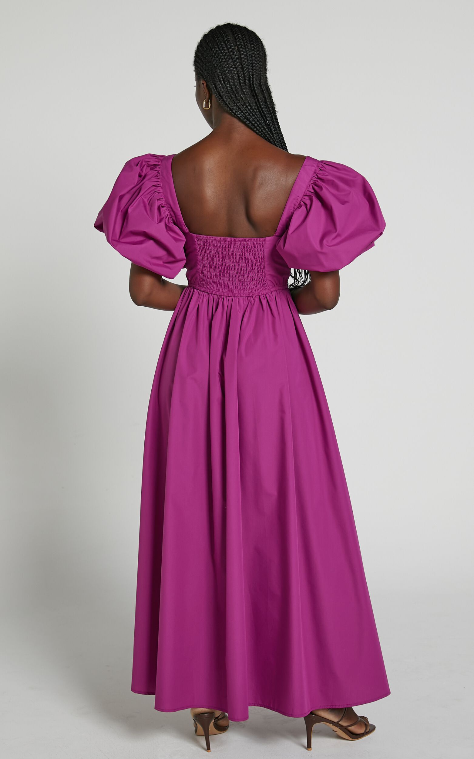 Raiza Midi Dress - Shirred Waist Puff Sleeve Dress in Orchid