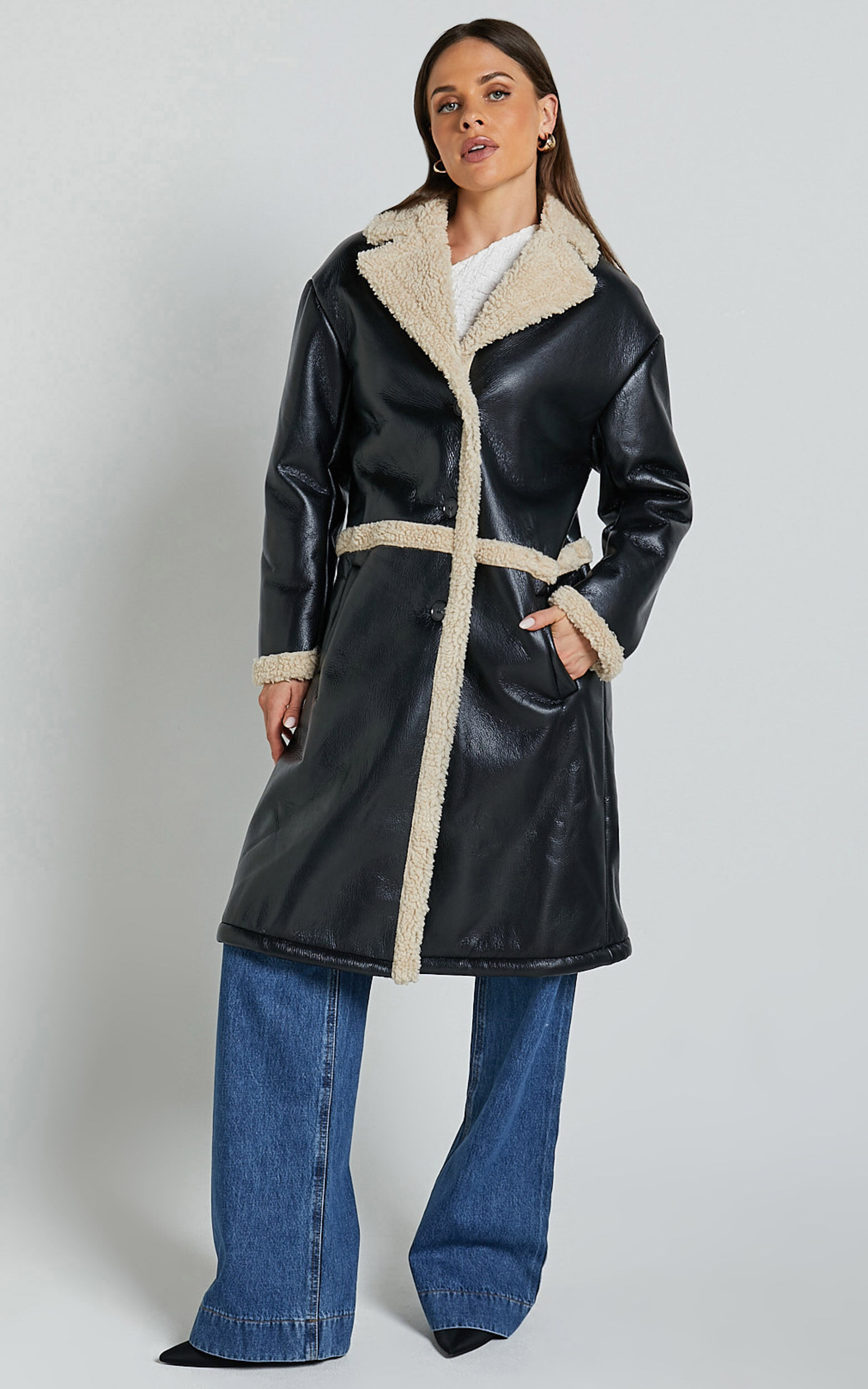 Jan Coat - Longline Faux Shearling Aviator Coat in Black