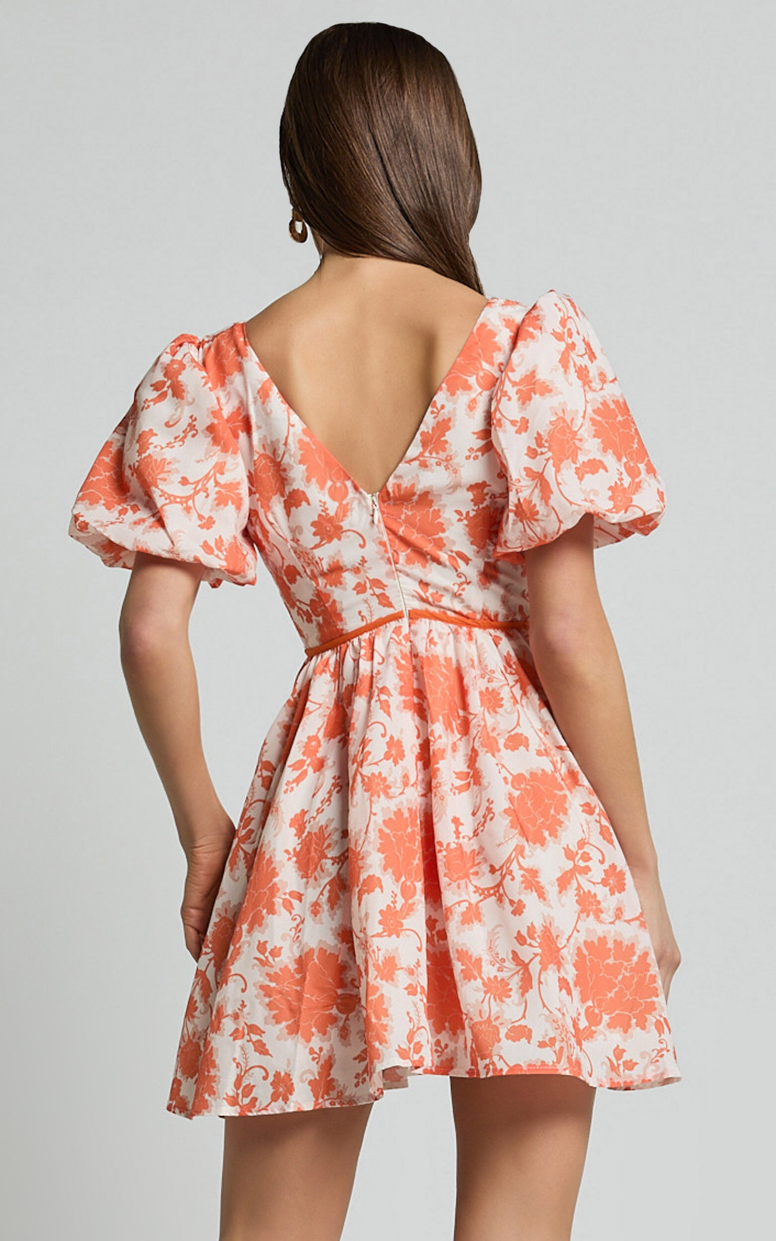Natalia Mini Dress - Puff Sleeve Cut Out Dress in Orange Floral