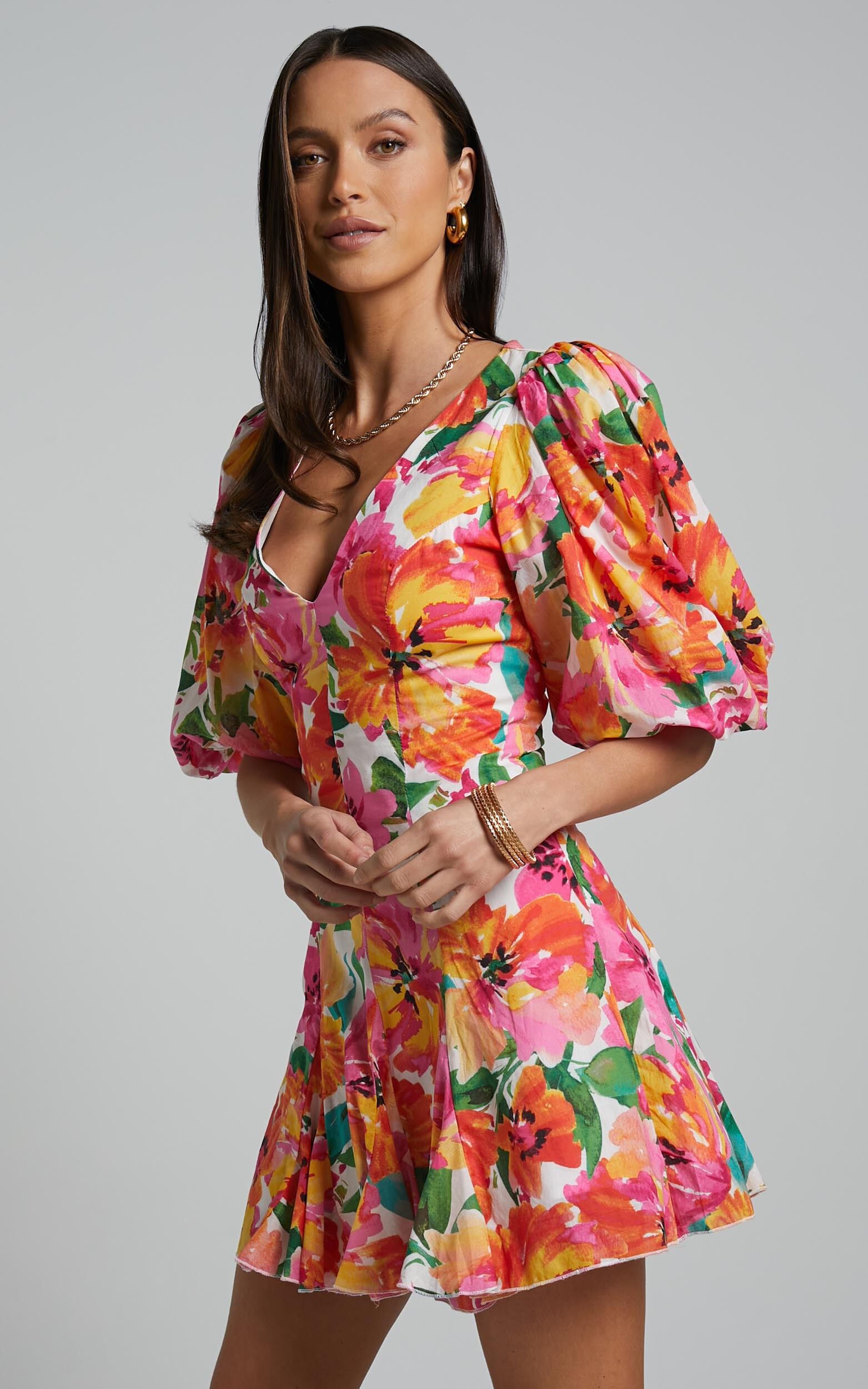Shairah Mini Dress - V Neck Puff Sleeve Flutter Hem Dress in In Bloom