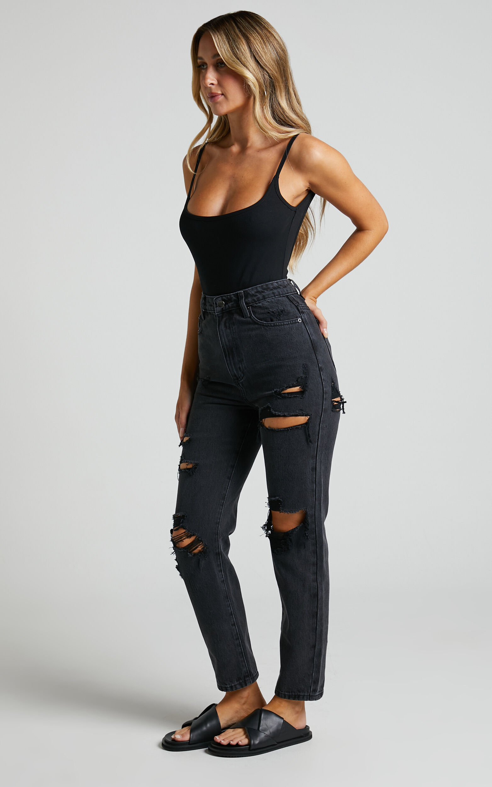 Billie Jeans - High Waisted Cotton Distressed Mom Denim Jeans in Black Wash