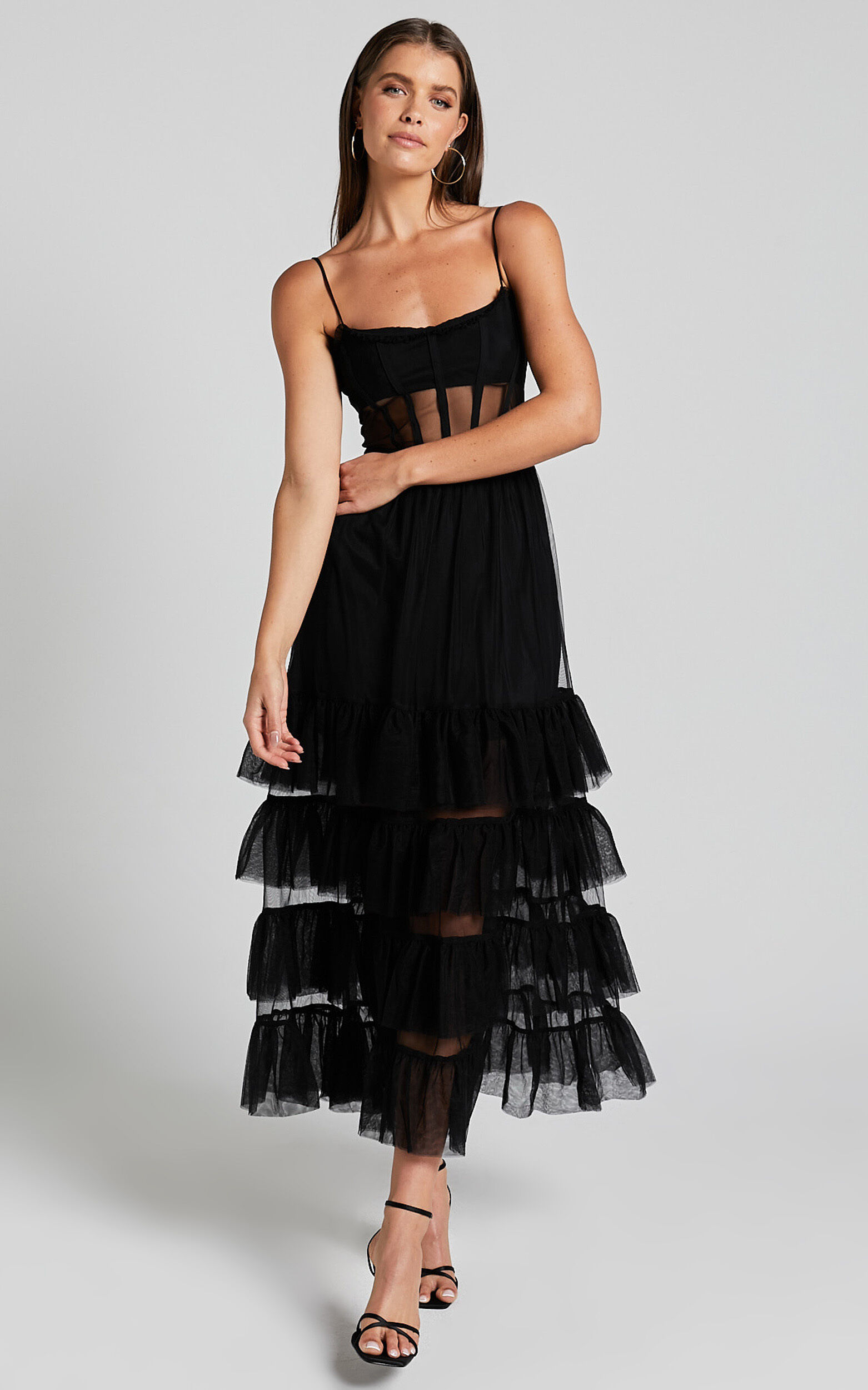 Evelynn Maxi Dress - Sweetheart Corset Bodice Fit & Flare Tiered in Black