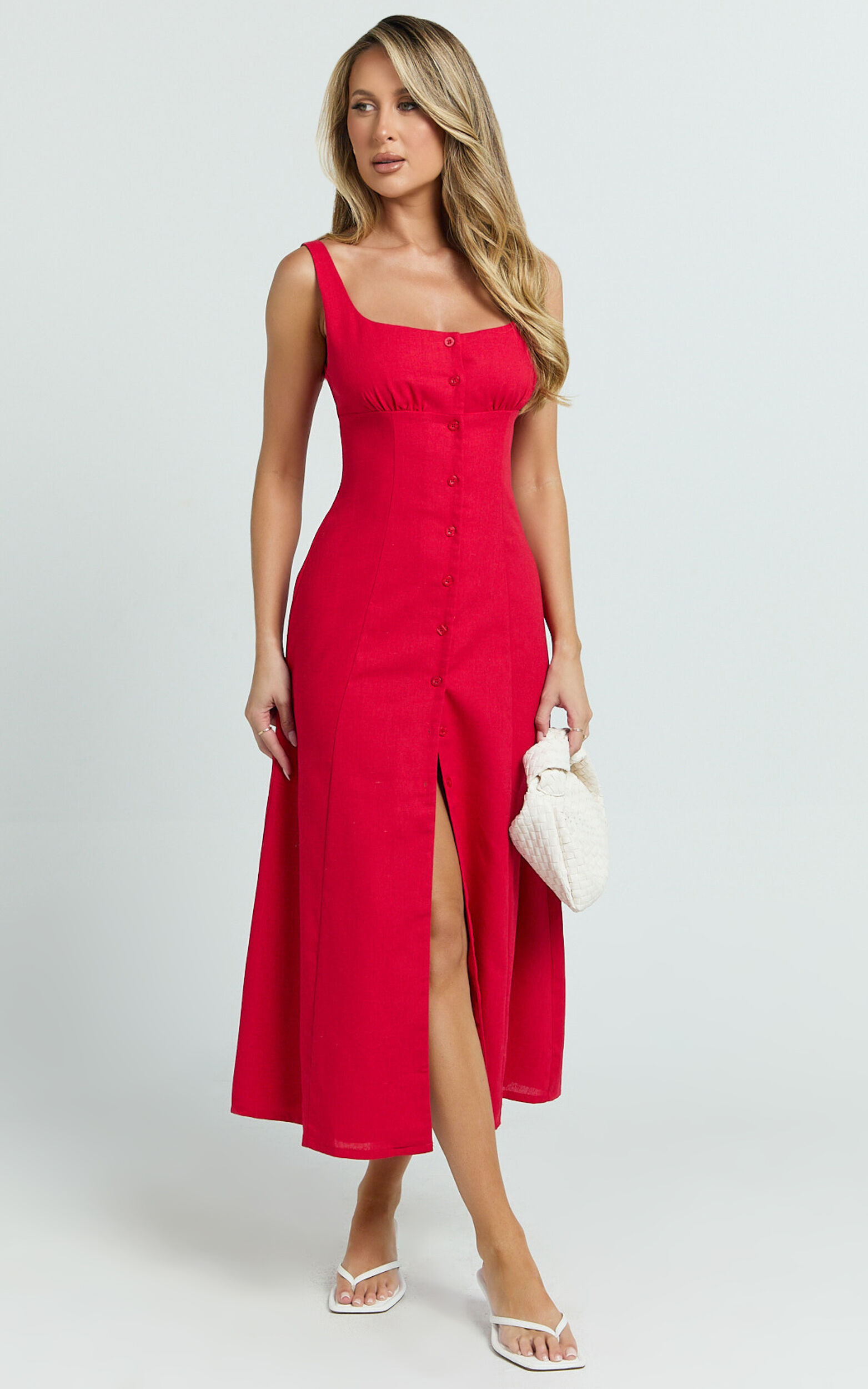 Cameron Midi Dress - Button Front Tie Back Dress in Red