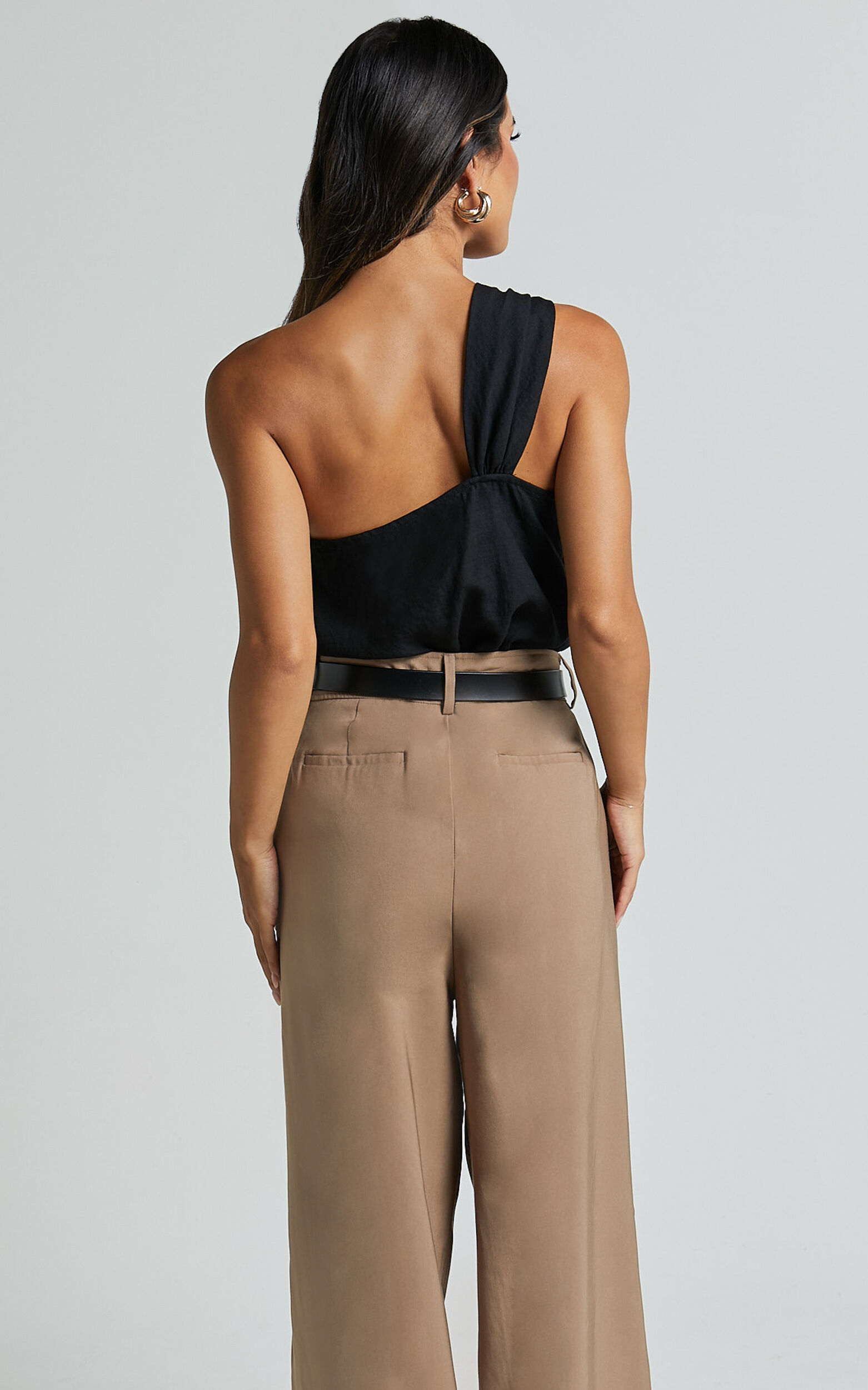 Bobbi Top - Linen Look Knot Detail One Shoulder Top in Black