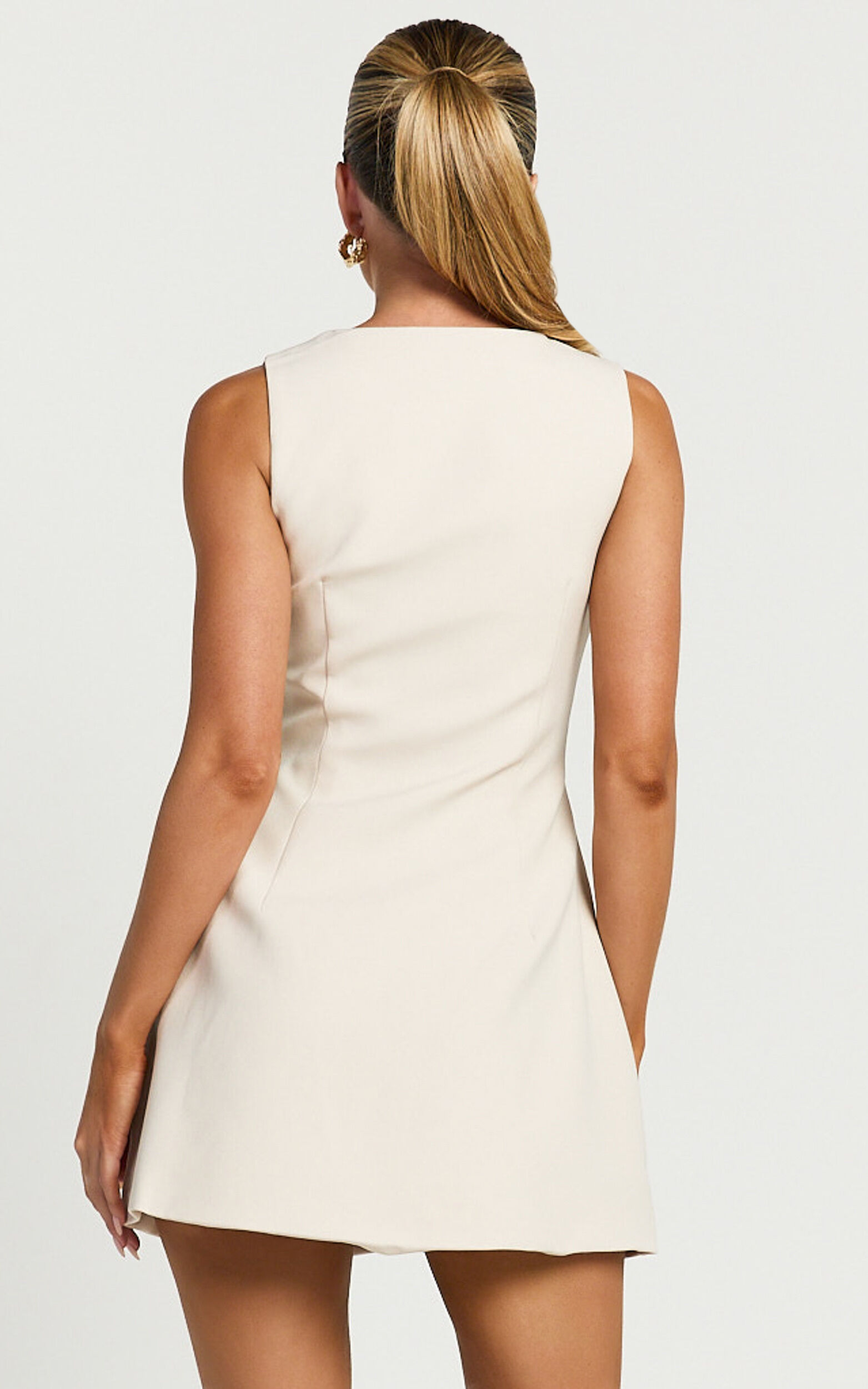 Abbey Mini Dress - Button Front V Neck Vest Dress in Oat
