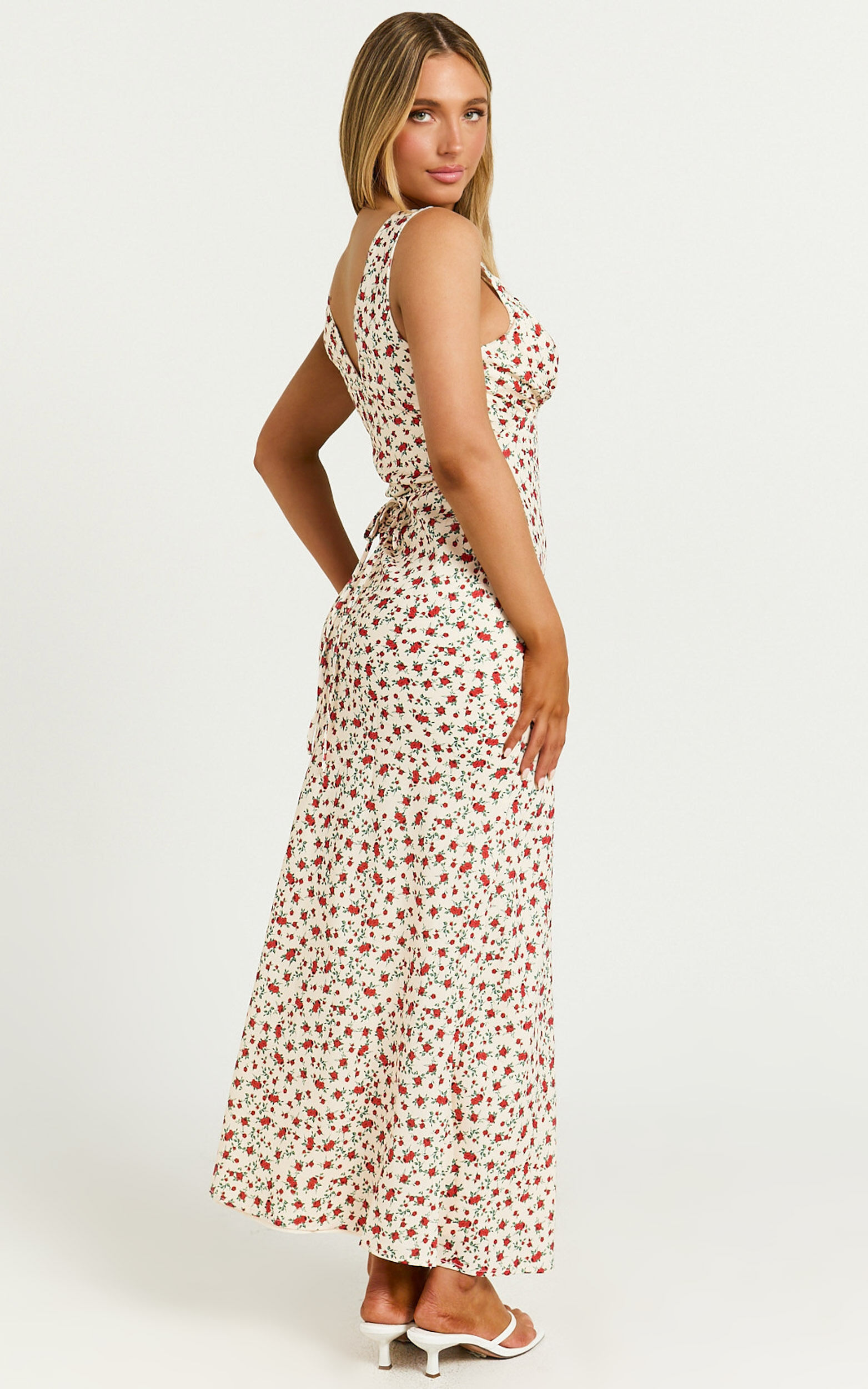 Mauriel Midi Dress - Deep V Gathered Bust Slip Dress in Red Floral