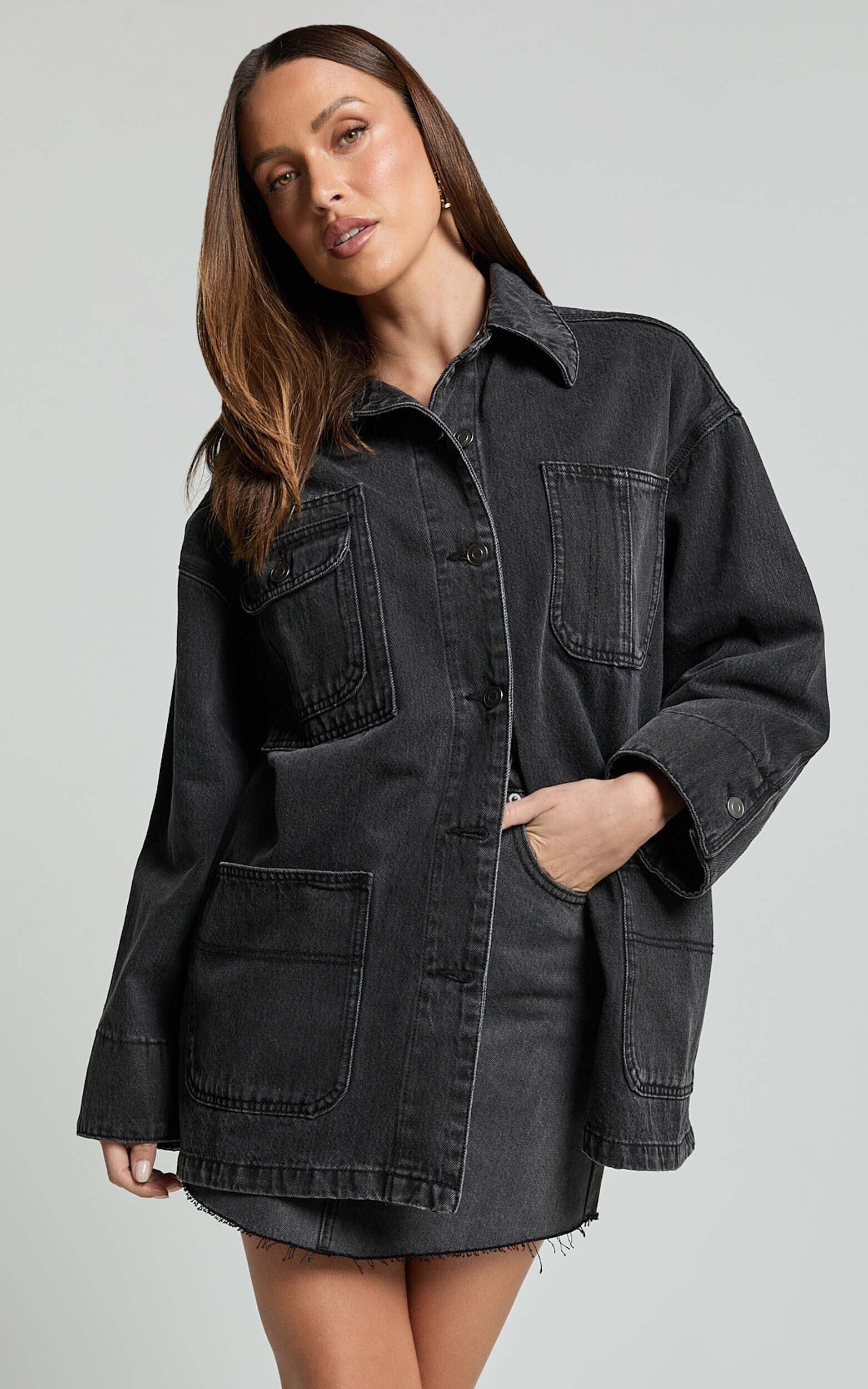 Harlow Jacket - Oversized Long Sleeve Denim Jacket in Black Wash