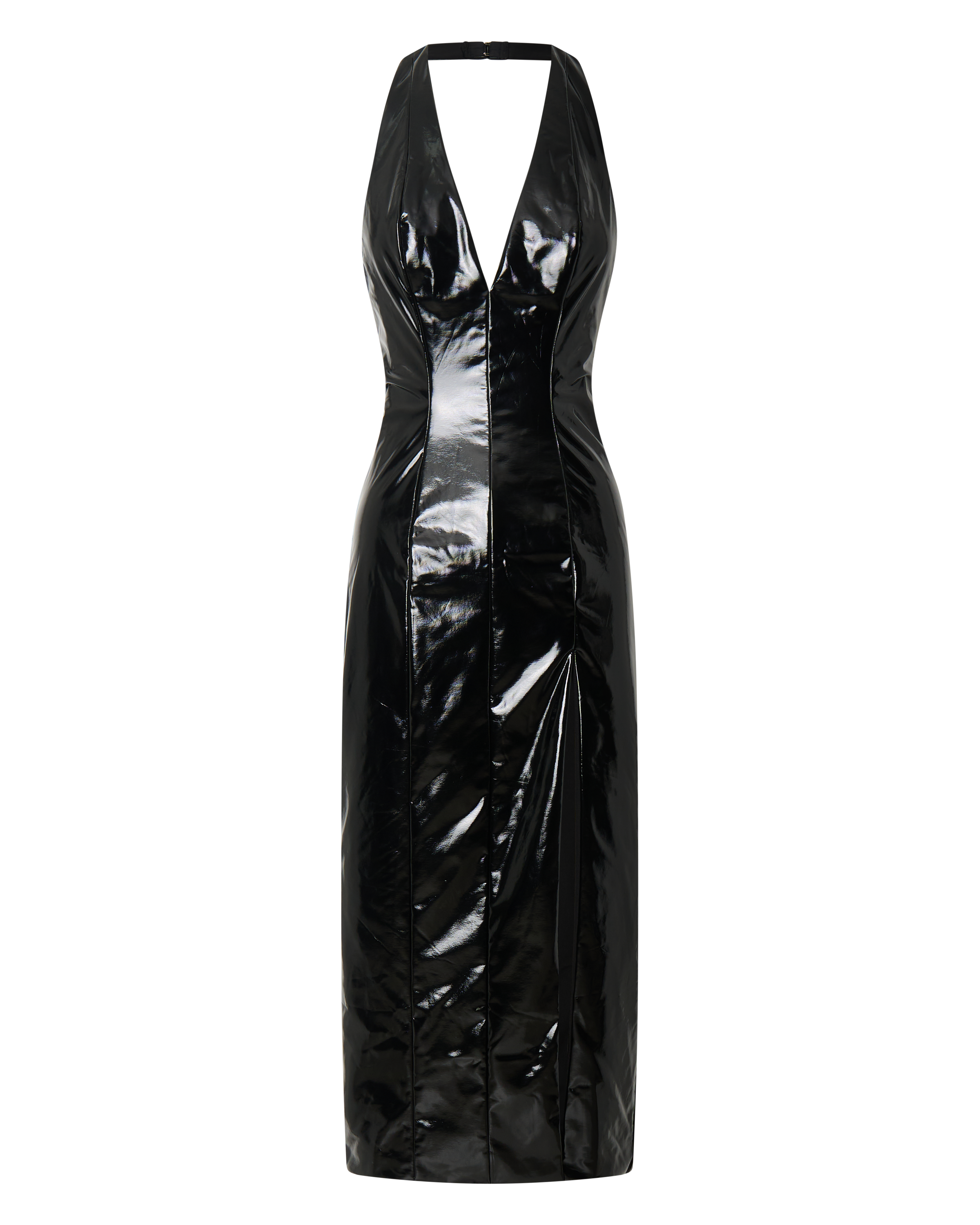 Carey Midi Dress - PU Plunge Halter Low Back High Split Dress in Black