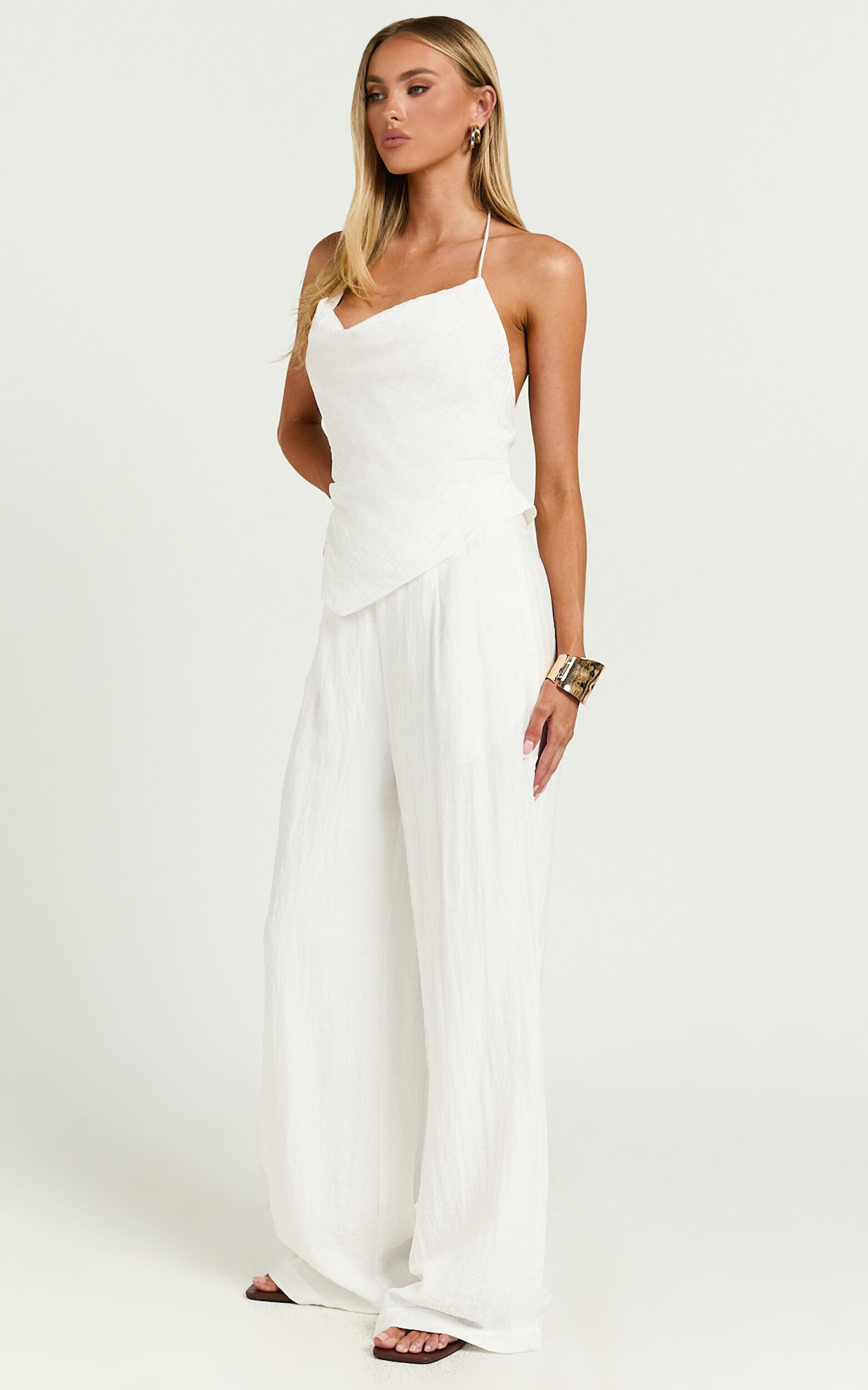 Hilda Pants - High Waisted Linen Look Palazzo Pants in White