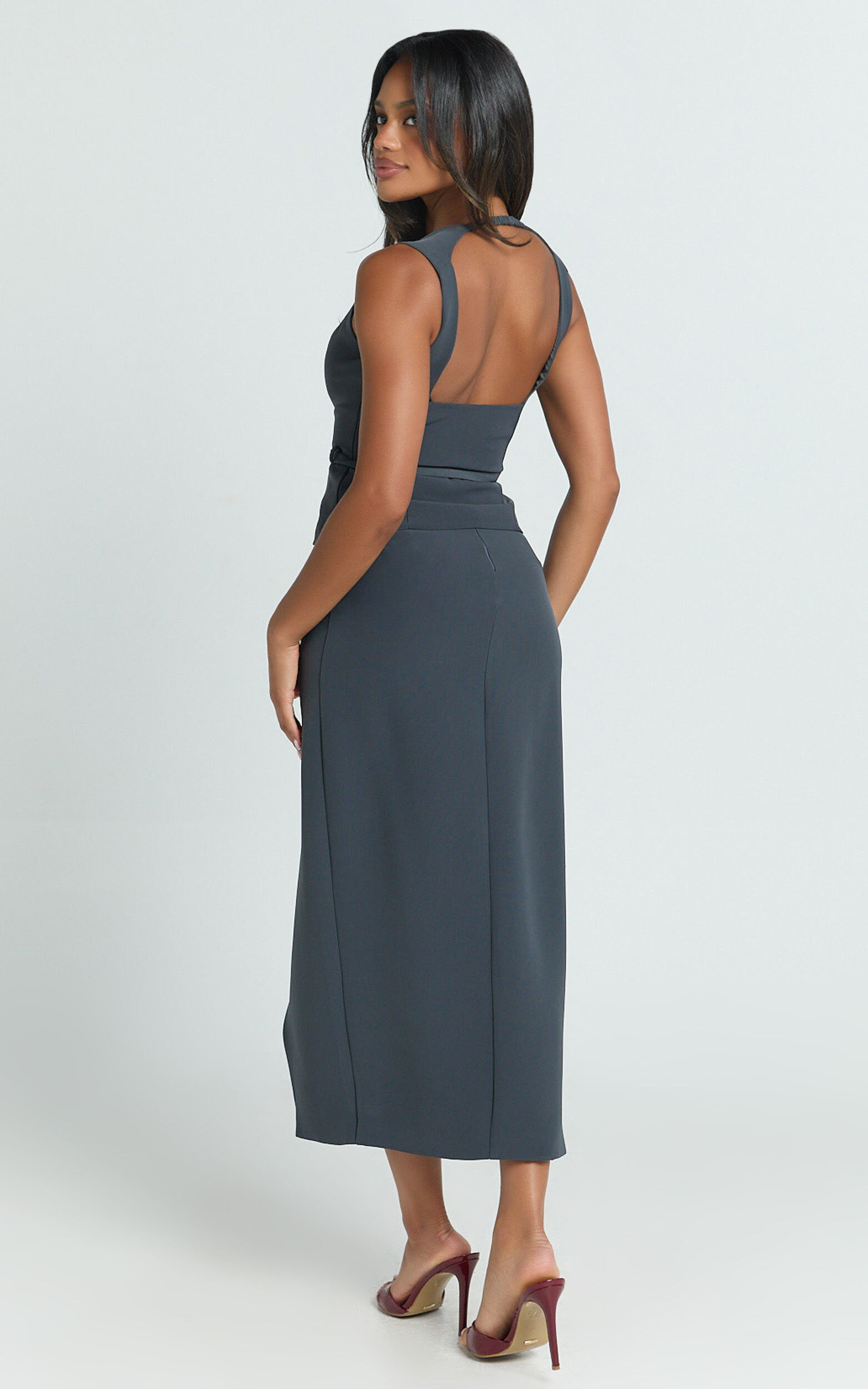 Jenni Midi Skirt - Asymmetric Cross Over Mid Waisted Skirt in Slate Grey