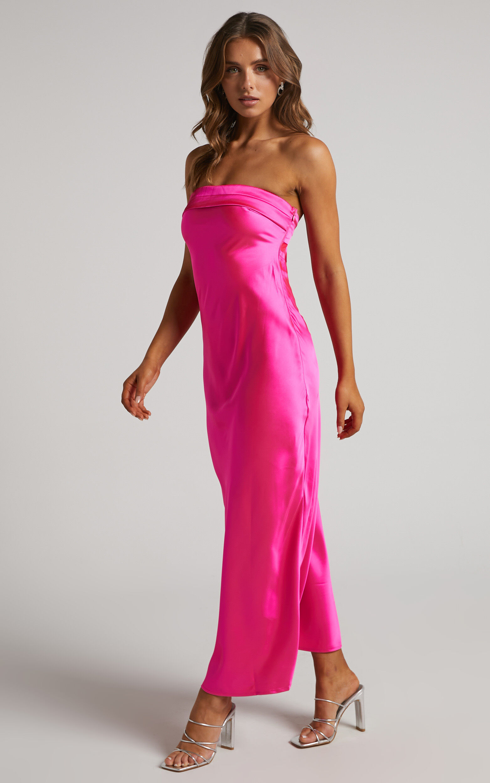 Tracey Maxi Dress - Strapless Back Drape Satin Dress in Pink