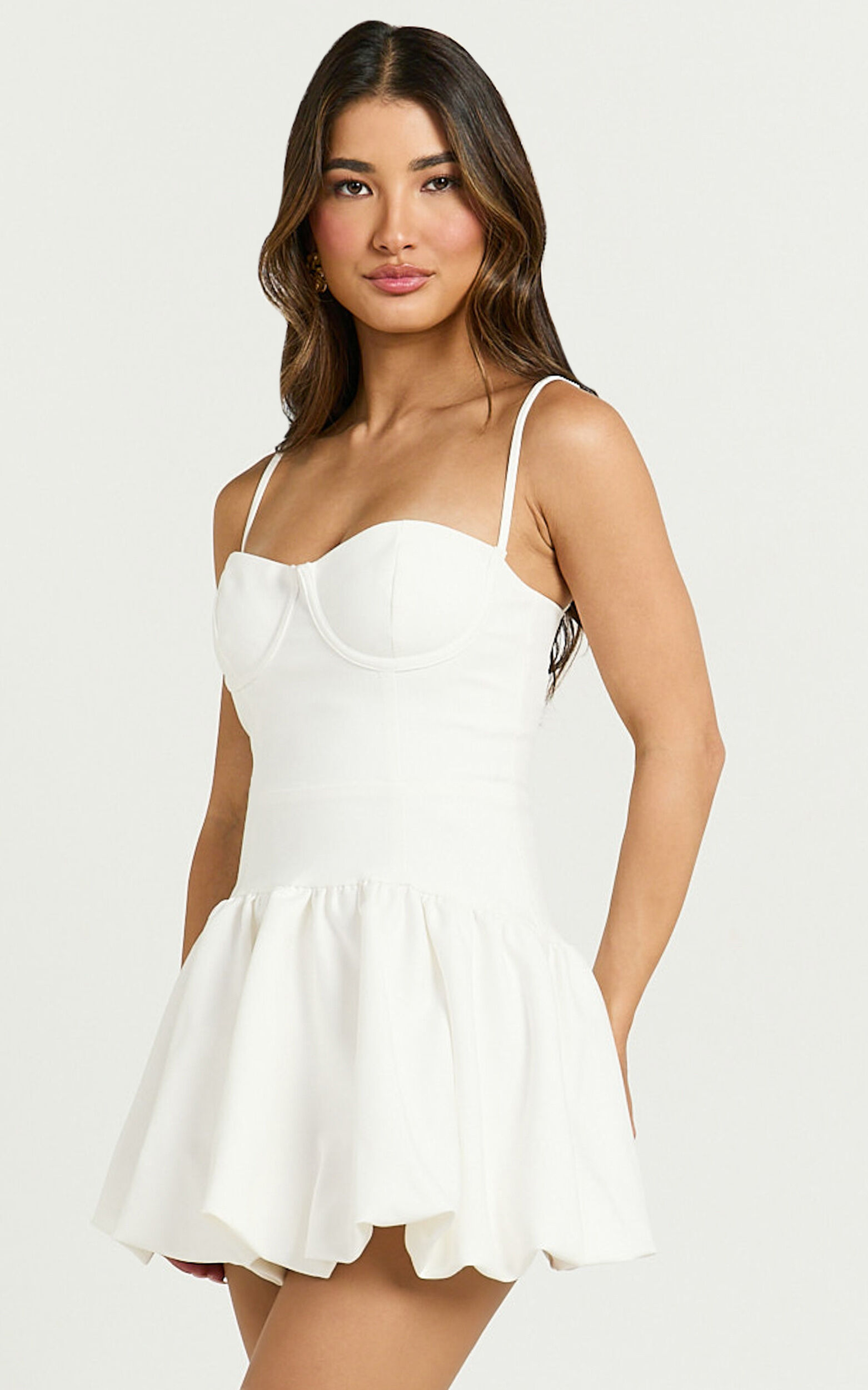 Kacey Mini Dress - Textured Drop Waist Bubble Hem Dress in Off White