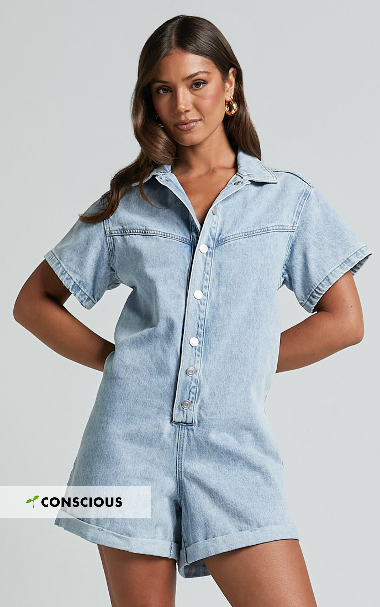 Reid Playsuit - Button Through Denim Playsuit in Light Blue Wash