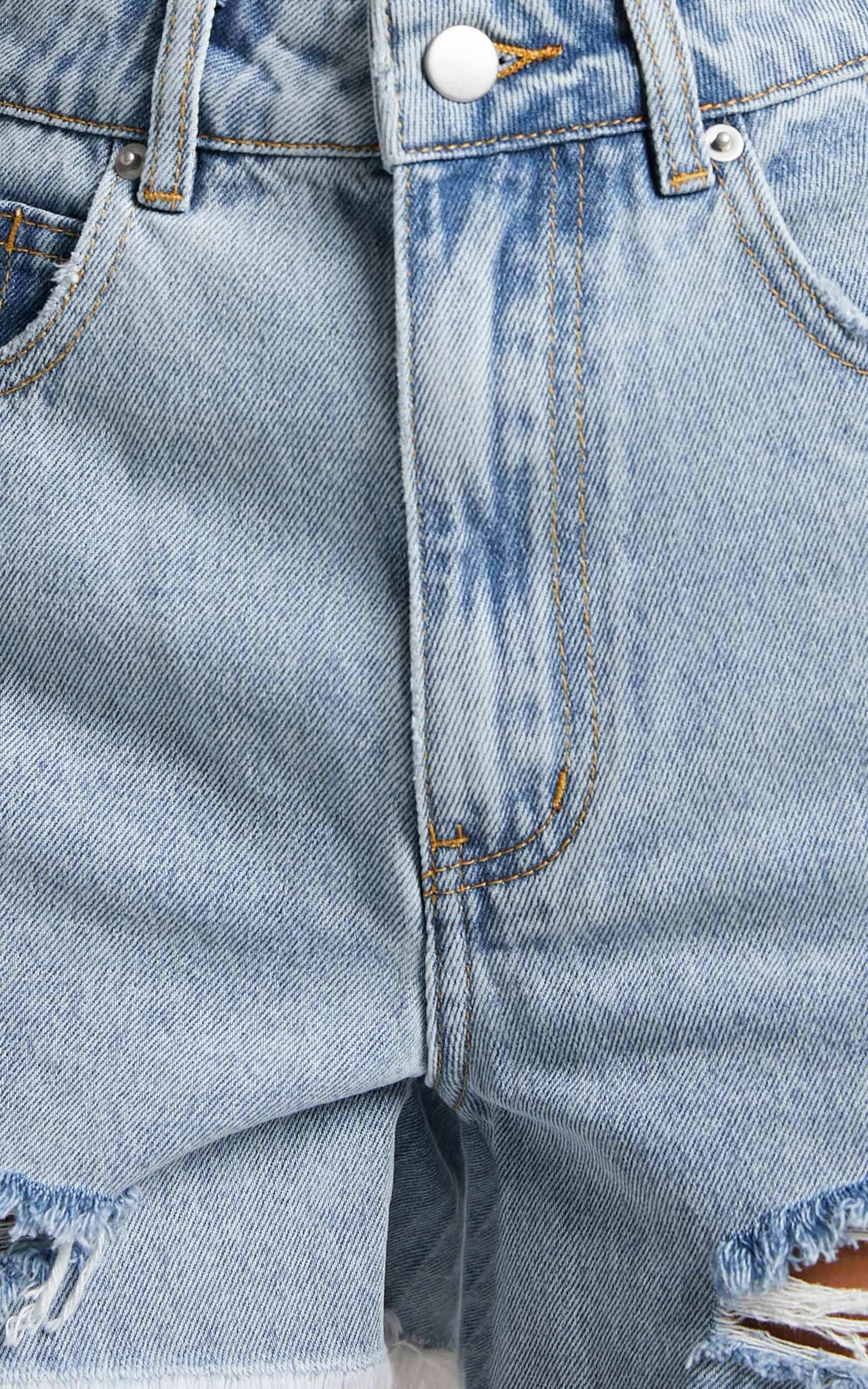 Mindae Shorts - Recycled Cotton Ripped Denim Shorts in Mid Blue Wash