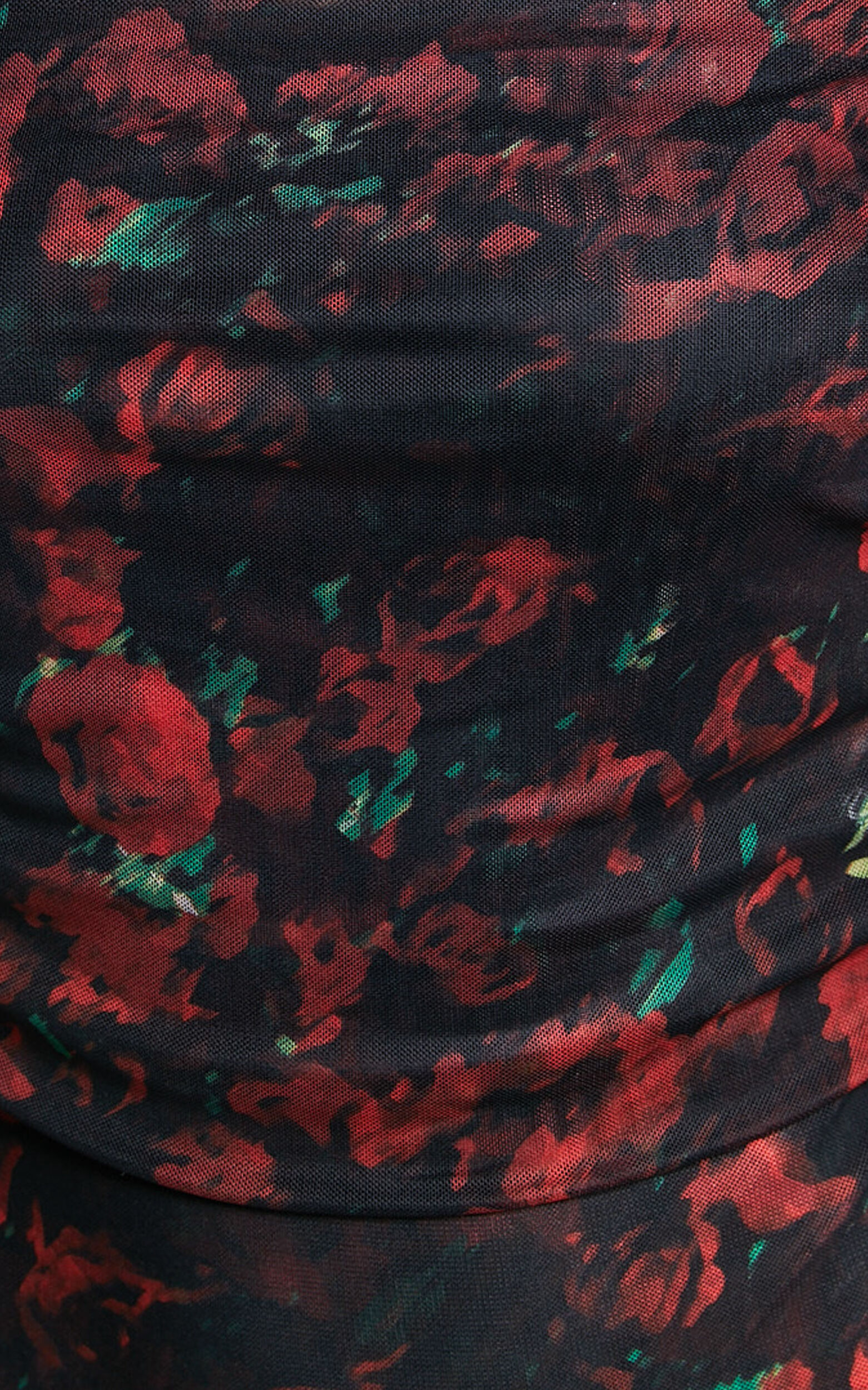 Jaythen Bodysuit - Long Sleeve Off Shoulder Ruched Mesh Bodysuit in Red Rose