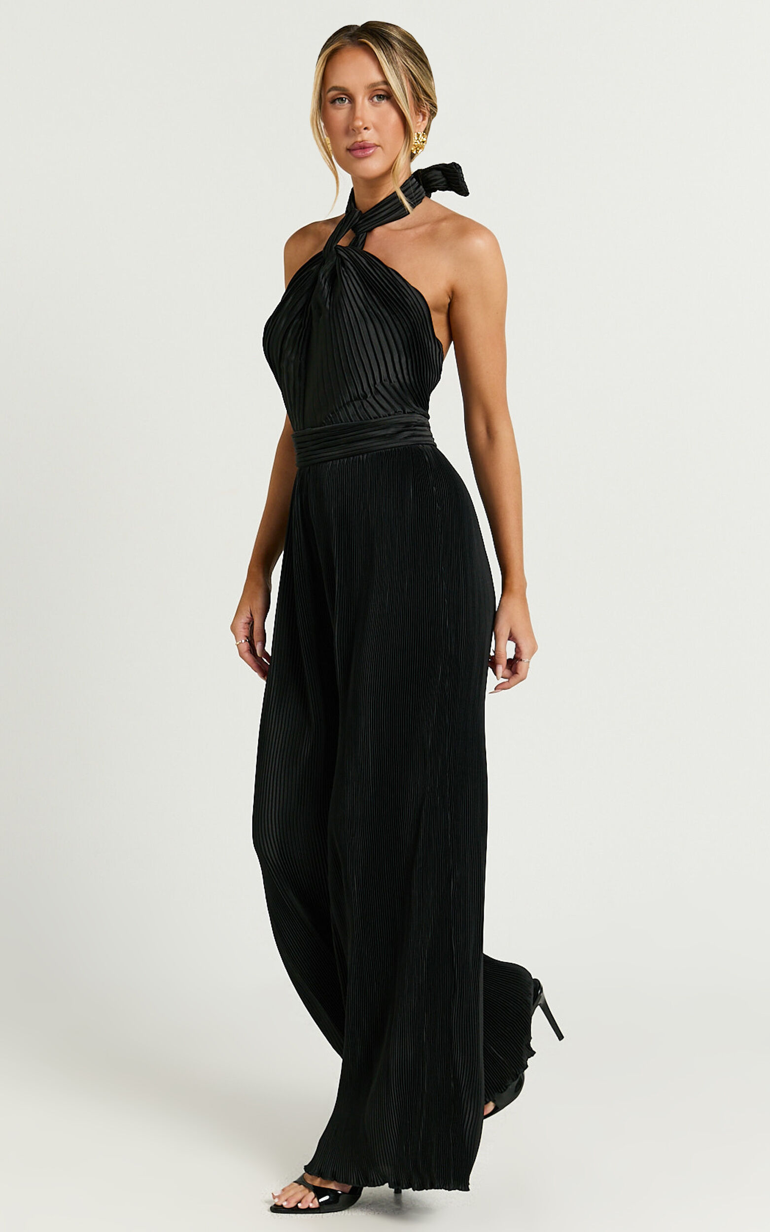Paris Jumpsuit - Plisse Halter Neck Wide Leg Jumpsuit in Black