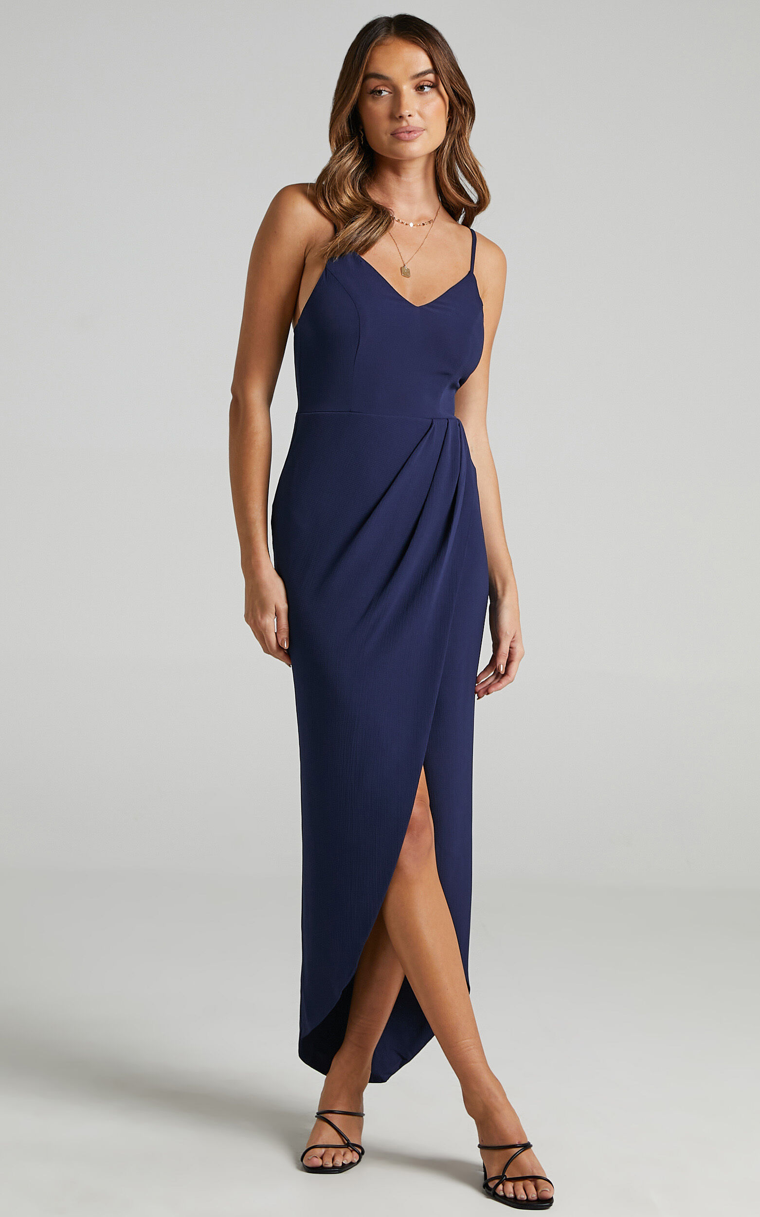 Lucky Day Midi Dress - V Neck Drape Dress in Navy