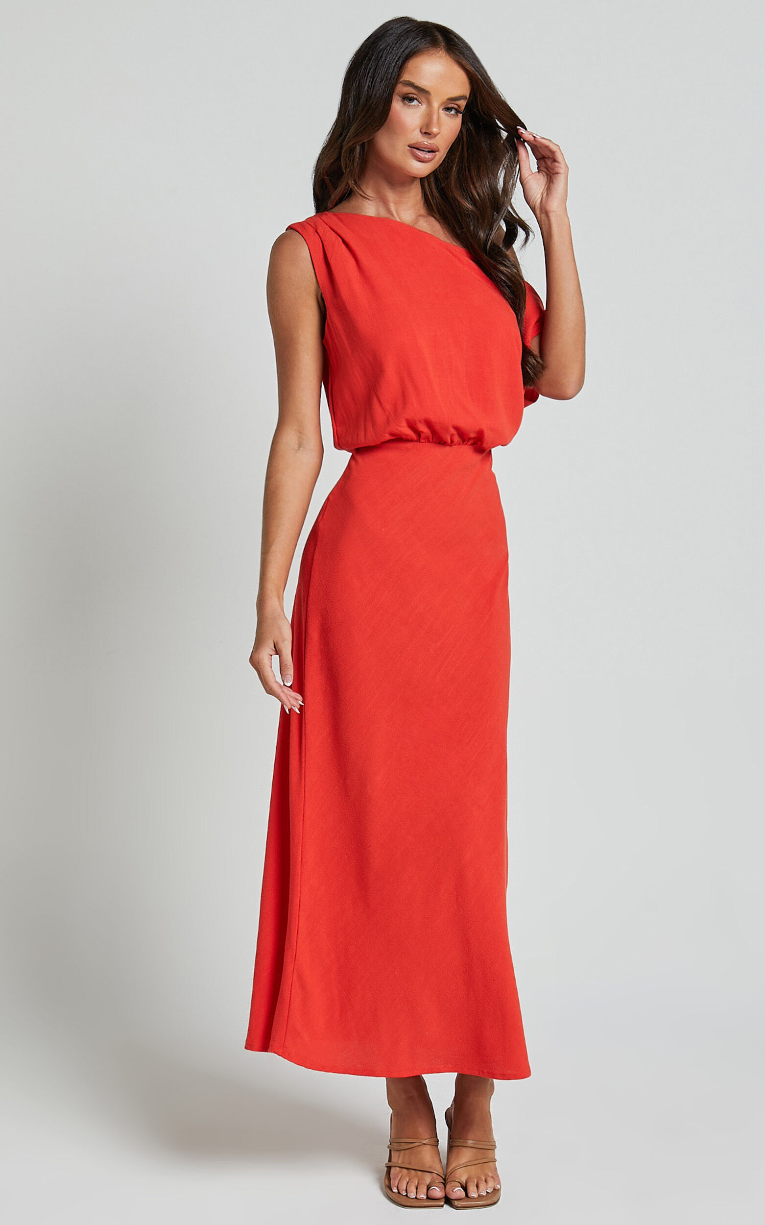 Jacqueline Midi Dress - Linen One Shoulder Dress in Sunset