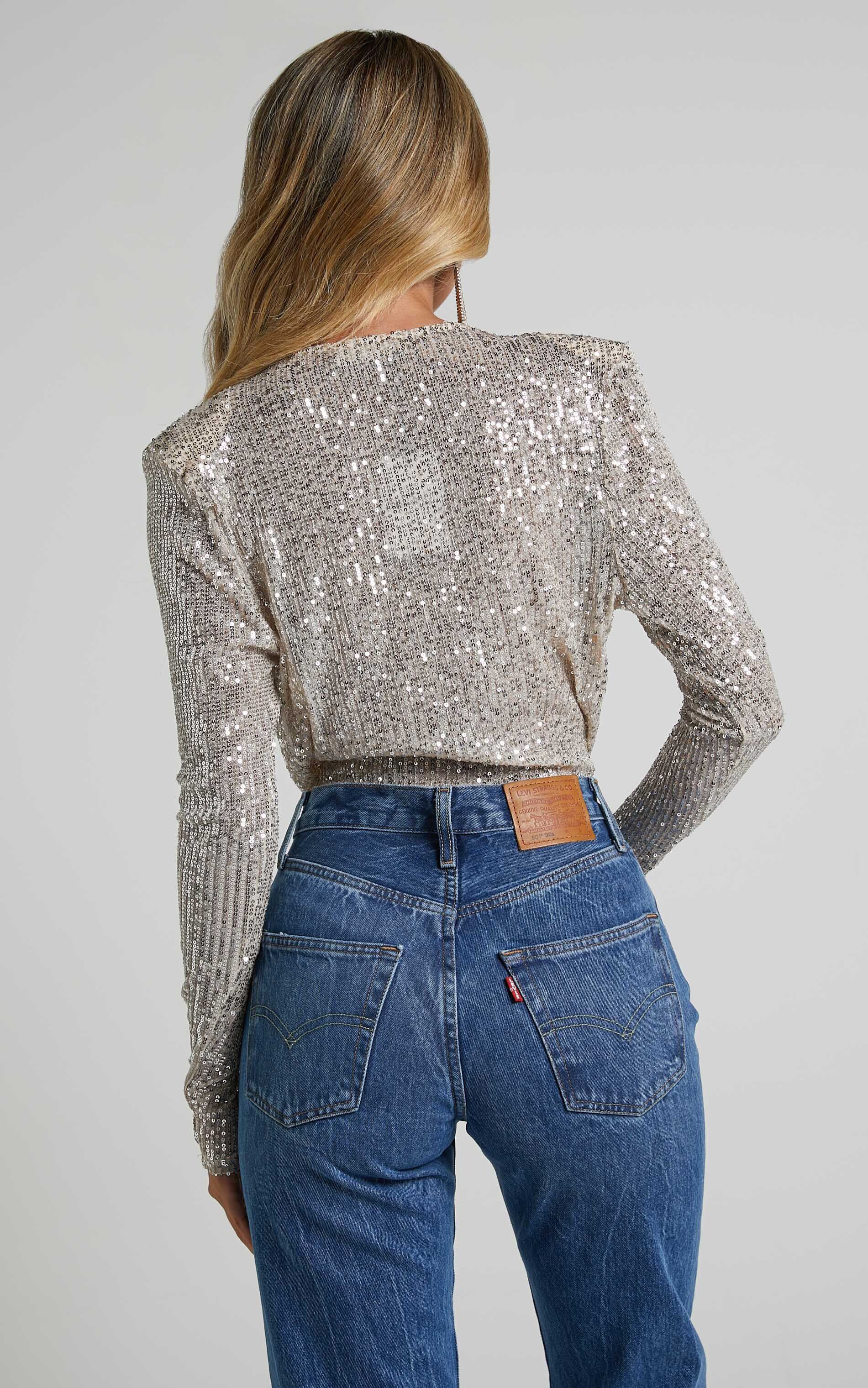 Alora Bodysuit - Sequin Wrap Front Long Sleeve Bodysuit in Silver