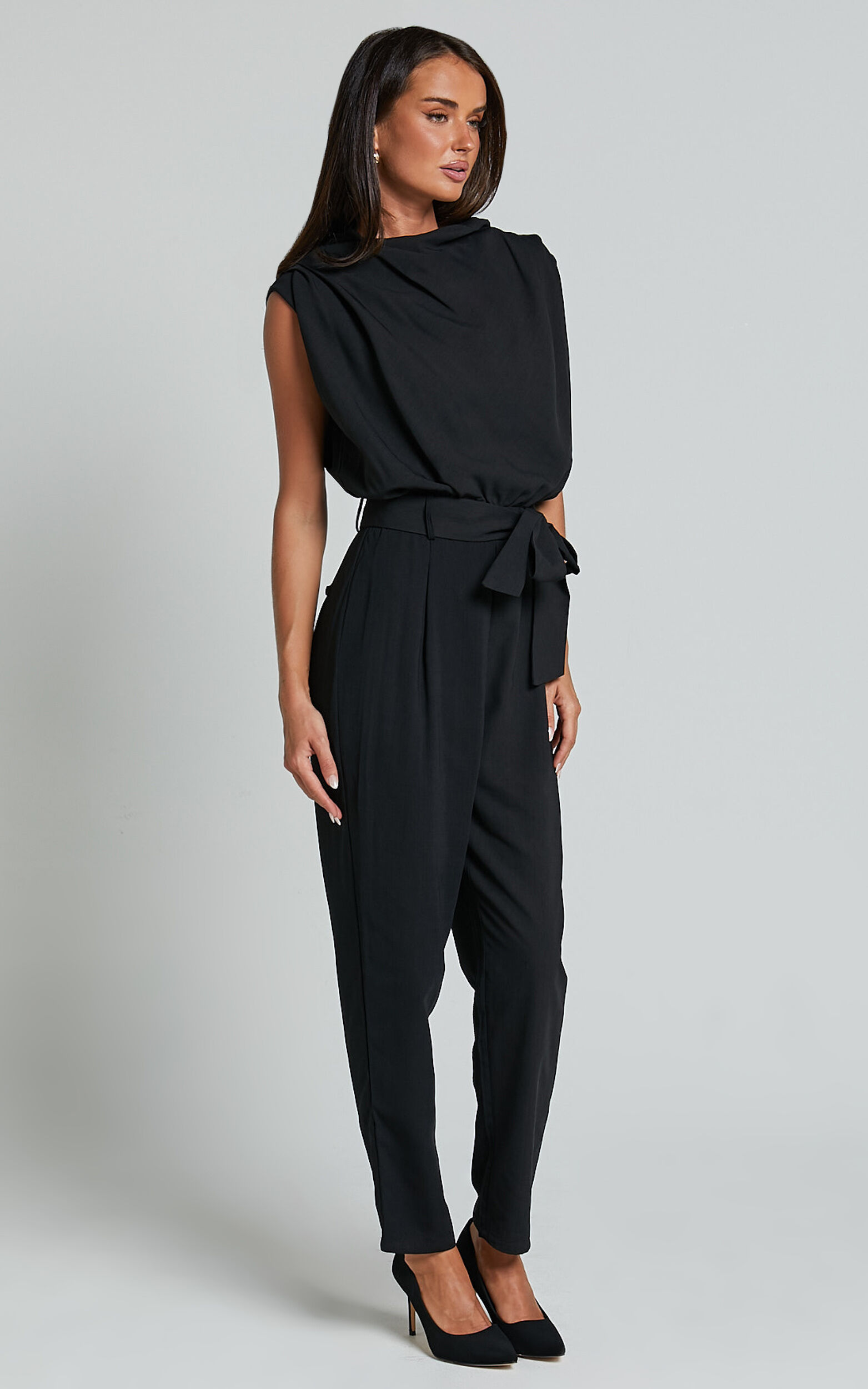 Arianae Jumpsuit - High Neck Tie Waist Jumpsuit in Black