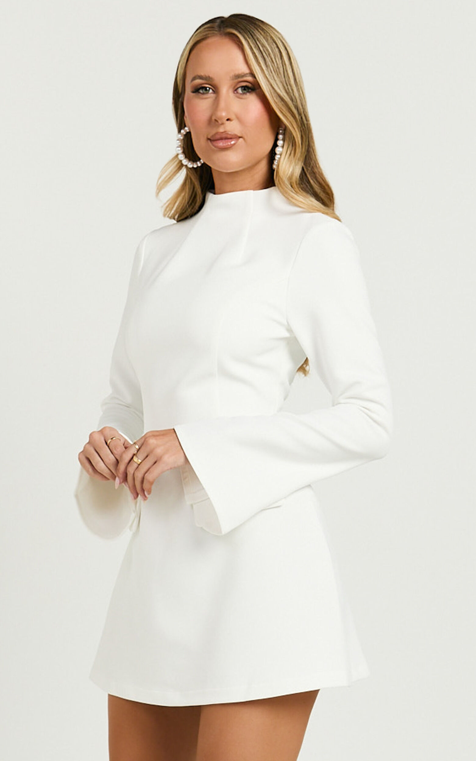 Carlson Mini Dress - High Neck Sleeve Cocoon Skirt Dress in White