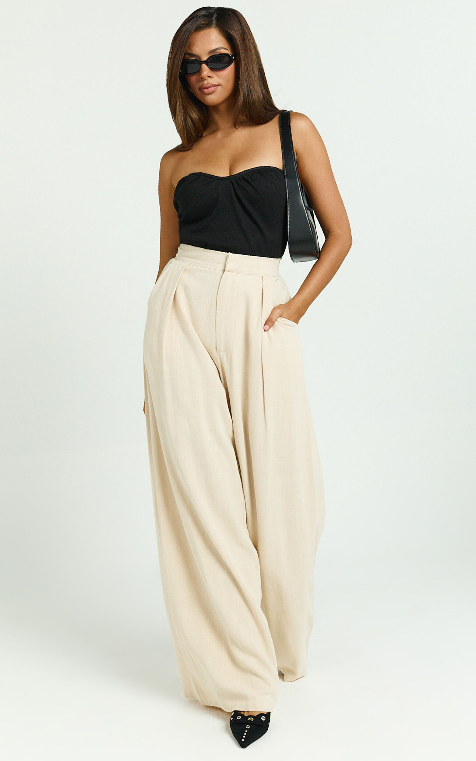 Hermione Linen Pants - High Waist Wide Leg Pleated Palazzo Pants in Natural