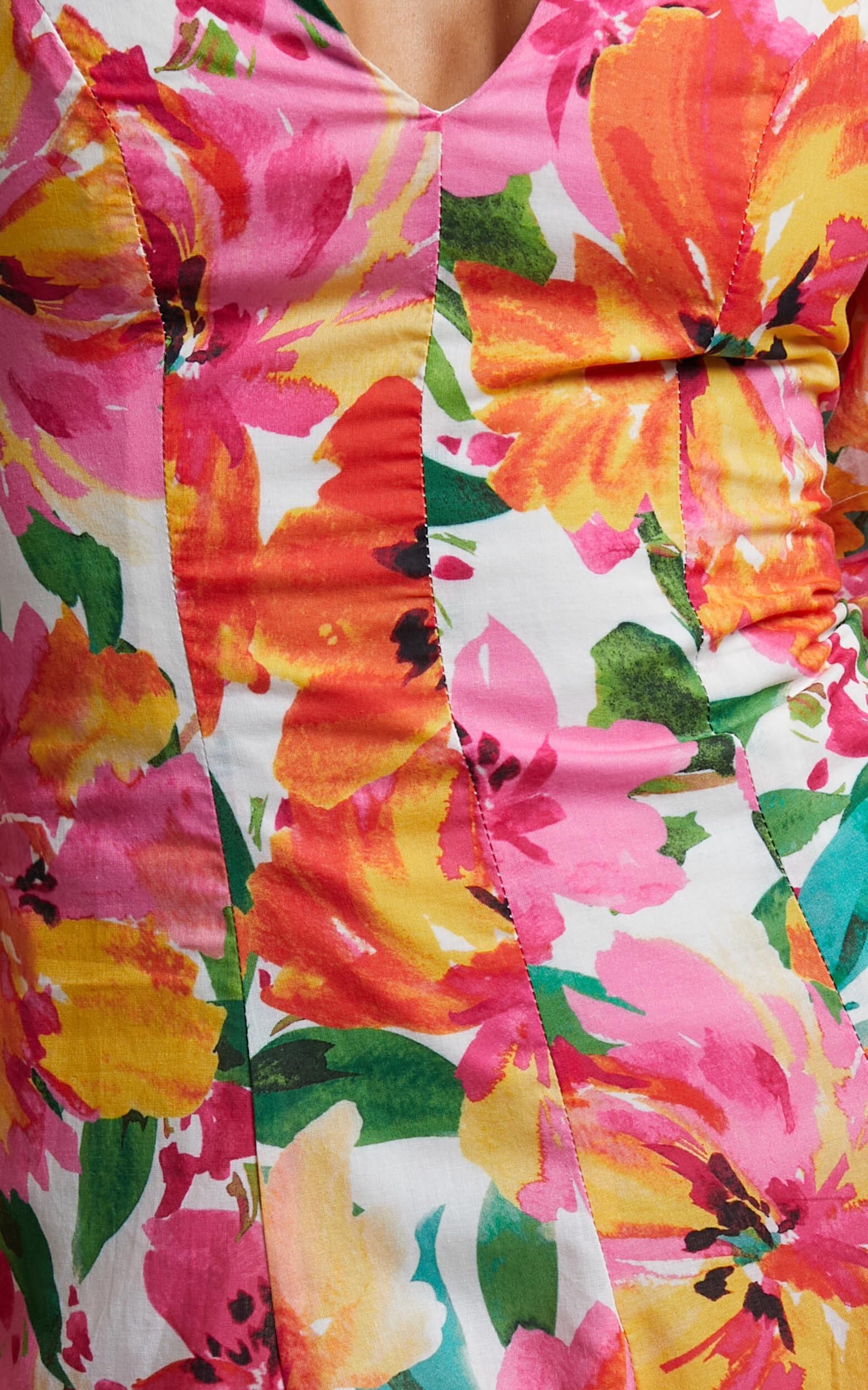 Shairah Mini Dress - V Neck Puff Sleeve Flutter Hem Dress in In Bloom